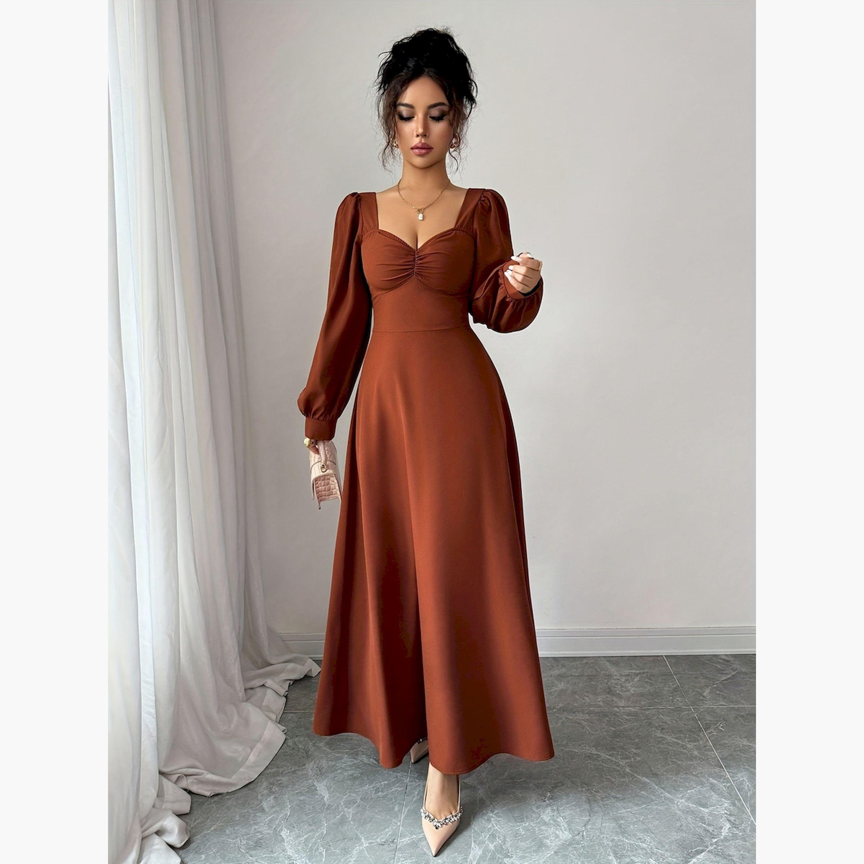 Take Two Brown Solid Sweetheart Neck A-Line Maxi Dress-women-clothing-dresses-image-1