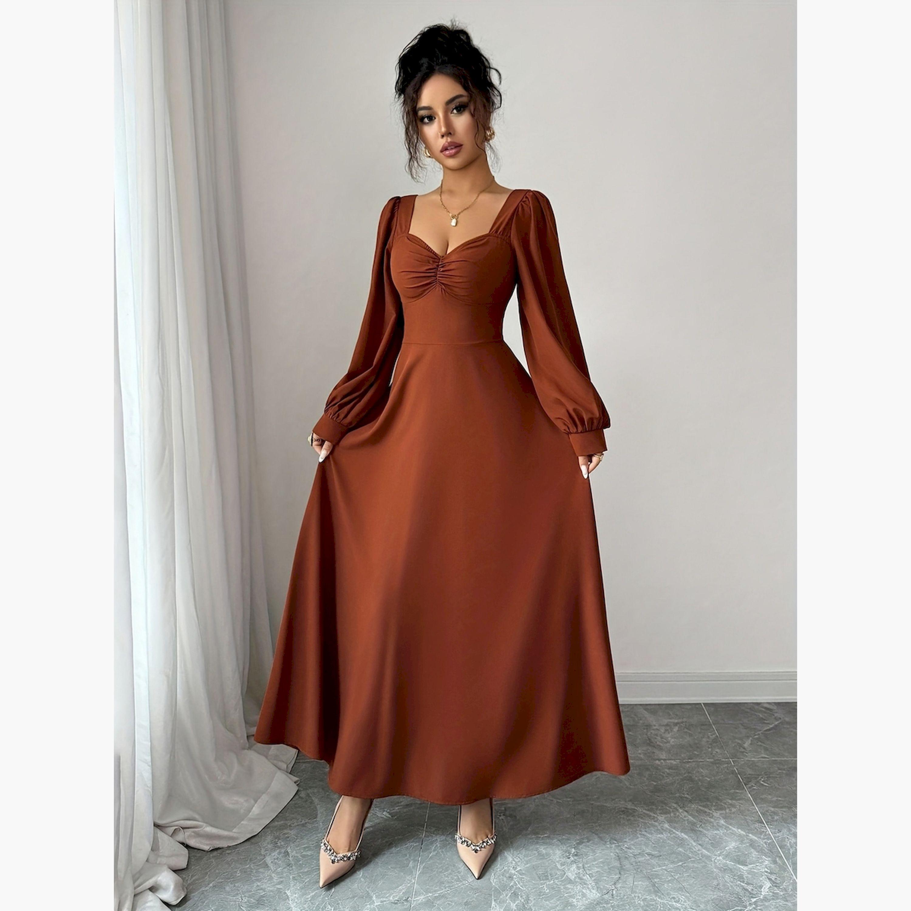 فستان طويل سادة بحافة واسعة وياقة سويت هارت-women-clothing-dresses-image-2