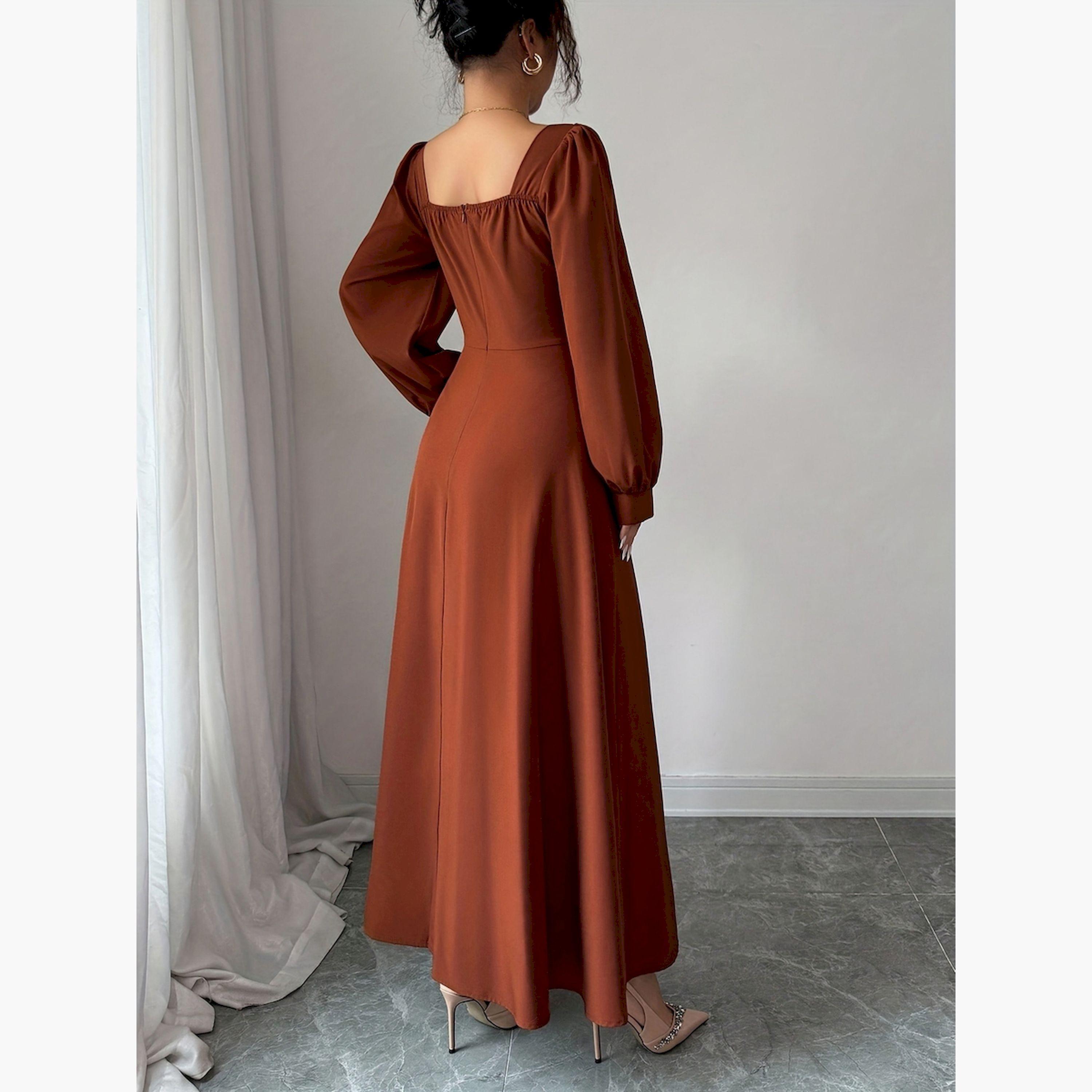 فستان طويل سادة بحافة واسعة وياقة سويت هارت-women-clothing-dresses-image-3