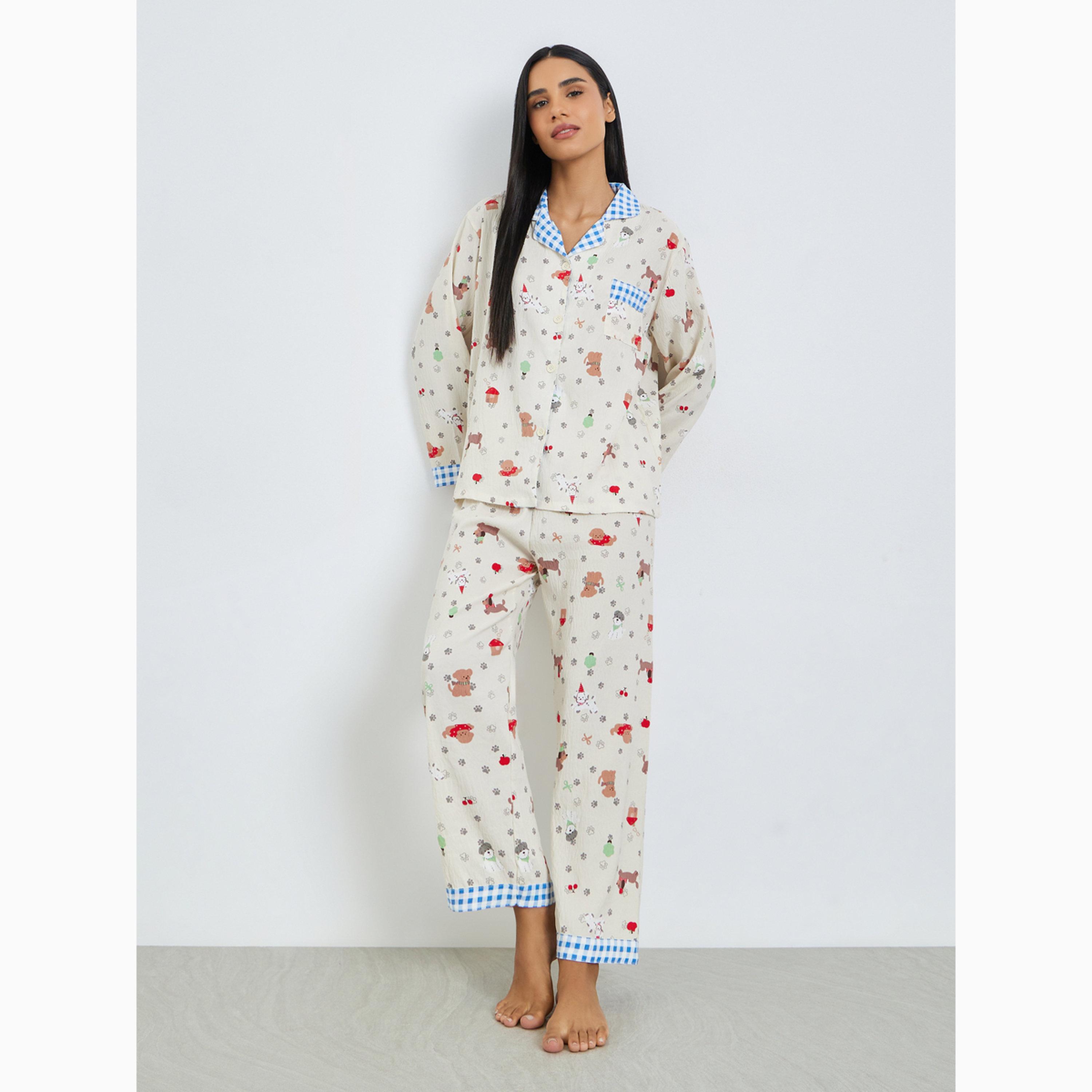 طقم بيجاما من بنطال وبلوزة مطبوعة بياقة جينجهام-women-clothing-nightwear-pyjamas-longsets-image-1