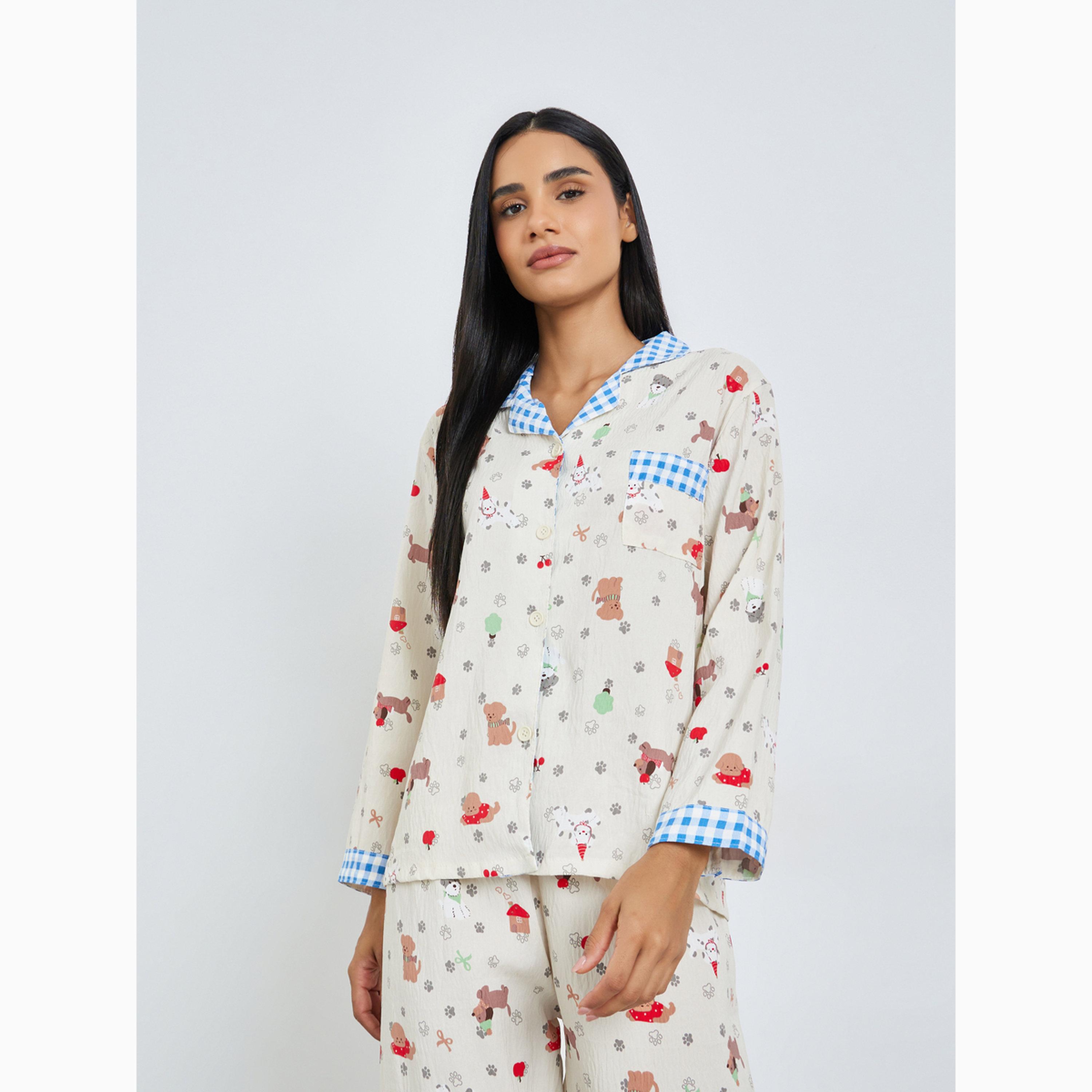 طقم بيجاما من بنطال وبلوزة مطبوعة بياقة جينجهام-women-clothing-nightwear-pyjamas-longsets-image-2