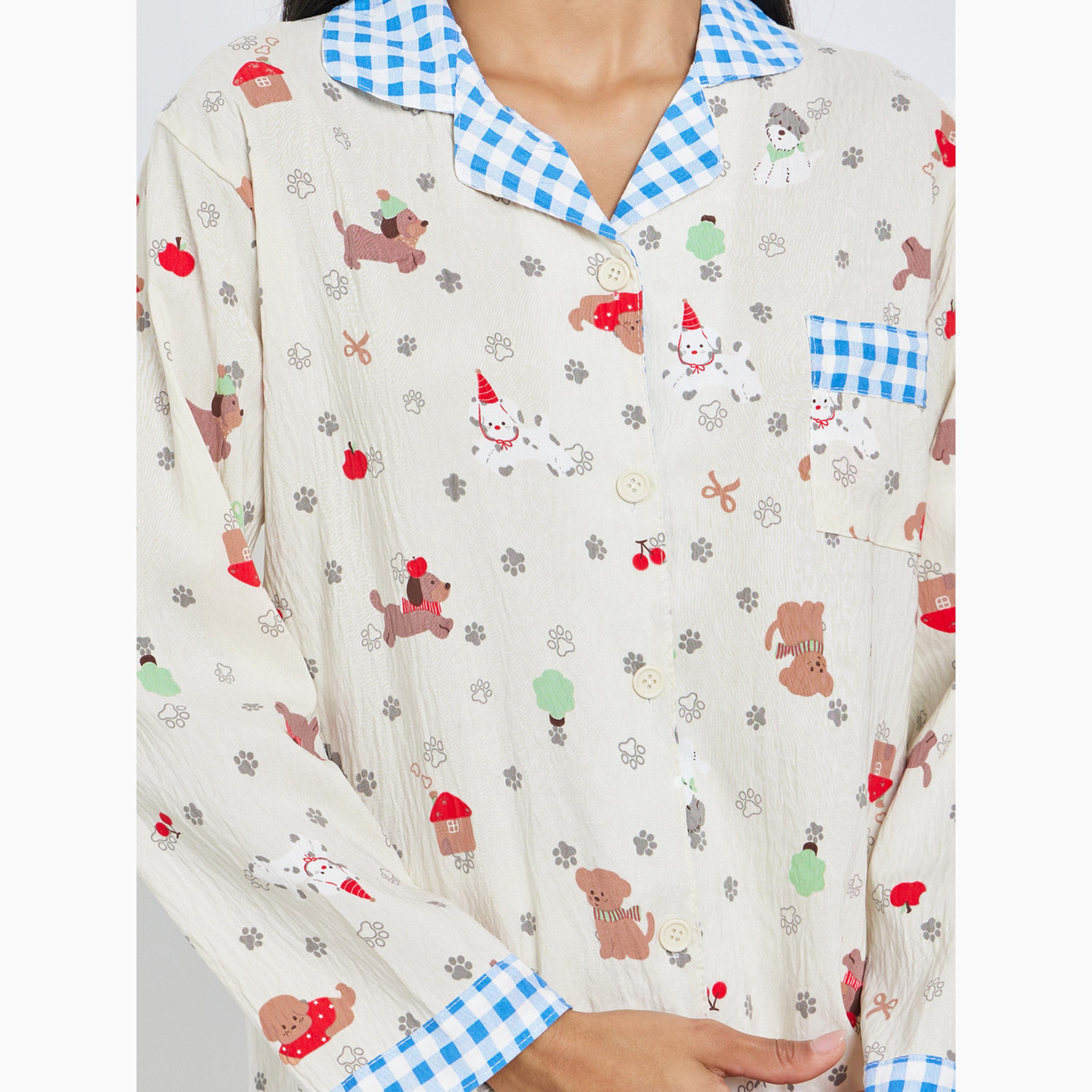 طقم بيجاما من بنطال وبلوزة مطبوعة بياقة جينجهام-women-clothing-nightwear-pyjamas-longsets-image-3