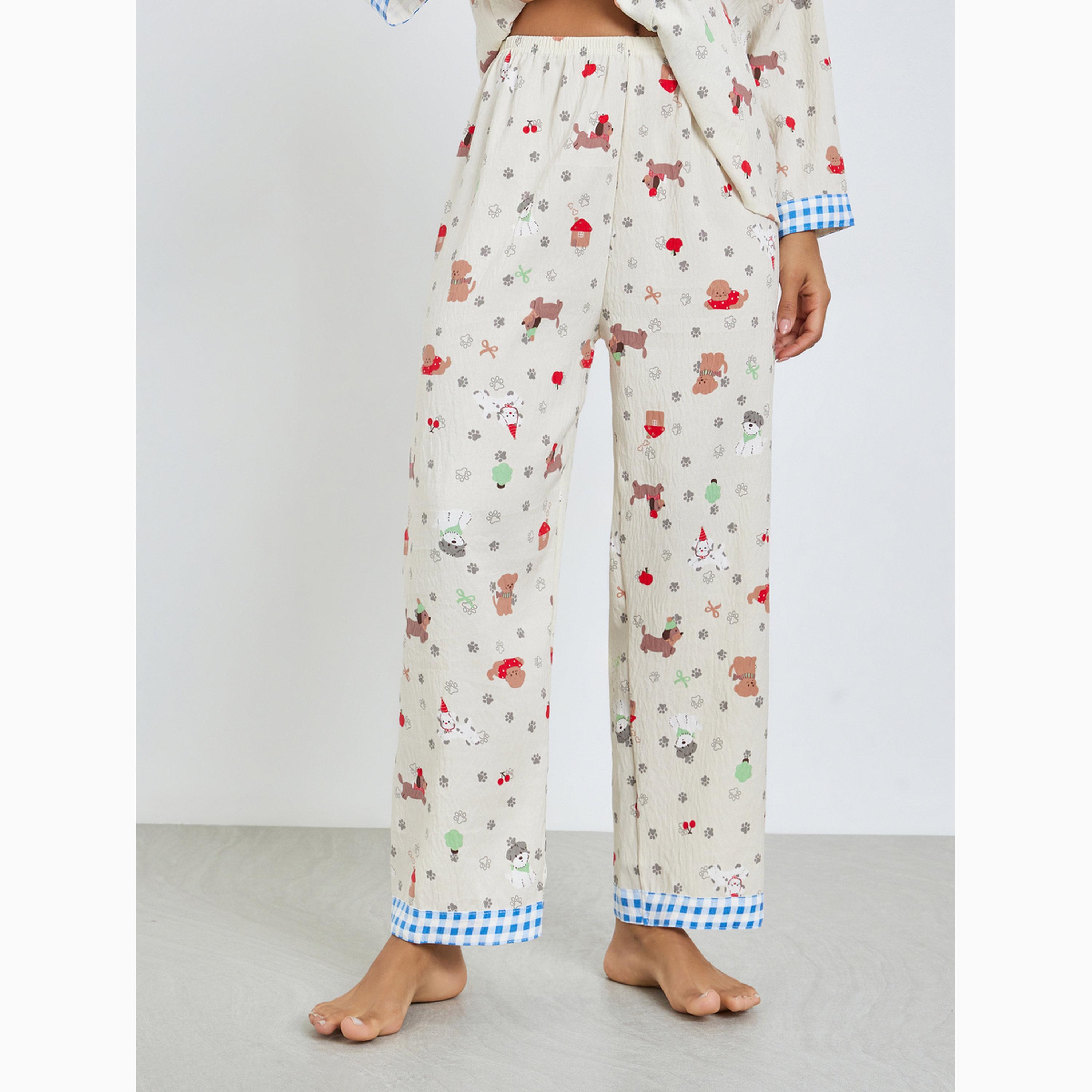 Styli Gingham Collar Printed Shirt and Pyjama Set-women-clothing-nightwear-pyjamas-longsets-image-4