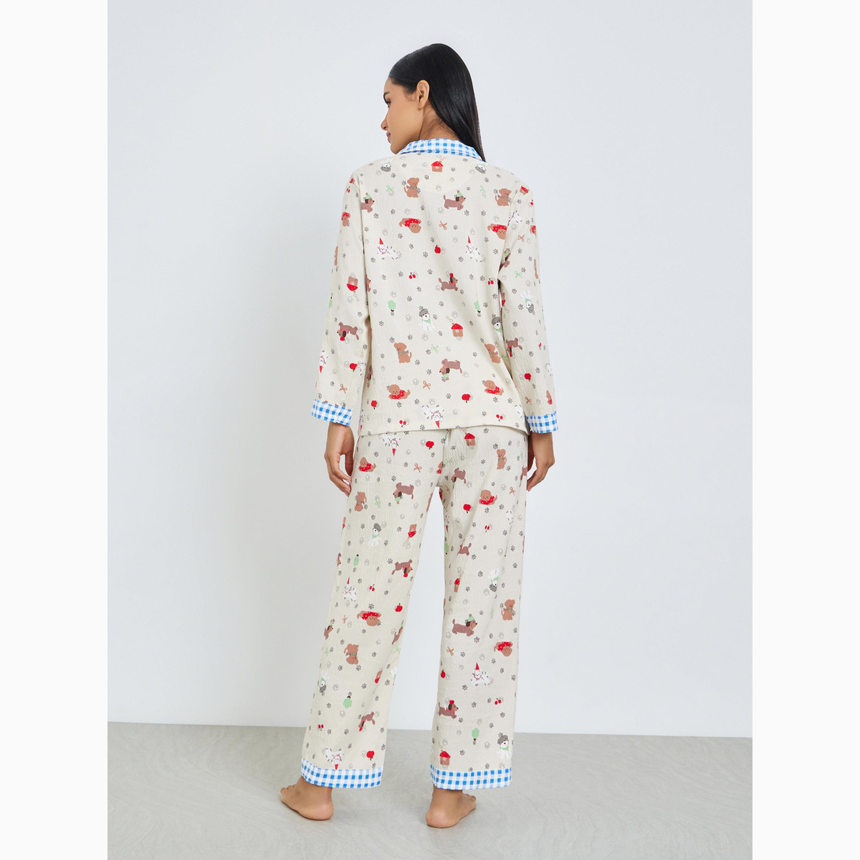 Styli Gingham Collar Printed Shirt and Pyjama Set-women-clothing-nightwear-pyjamas-longsets-image-5