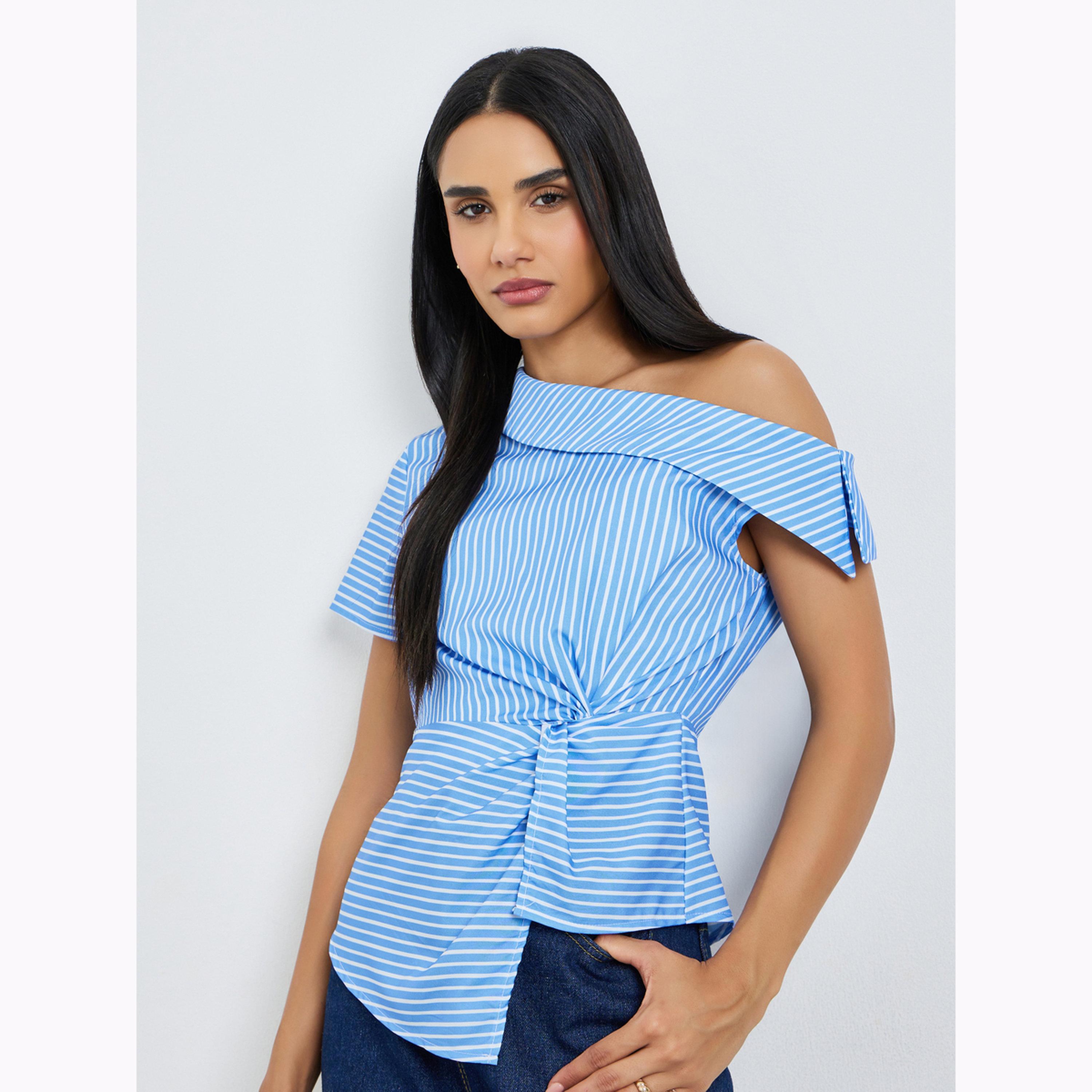 بلوزة بكتف غير متماثل وتفاصيل عقدة مخططة-women-clothing-shirtsandblouses-blouses-image-1