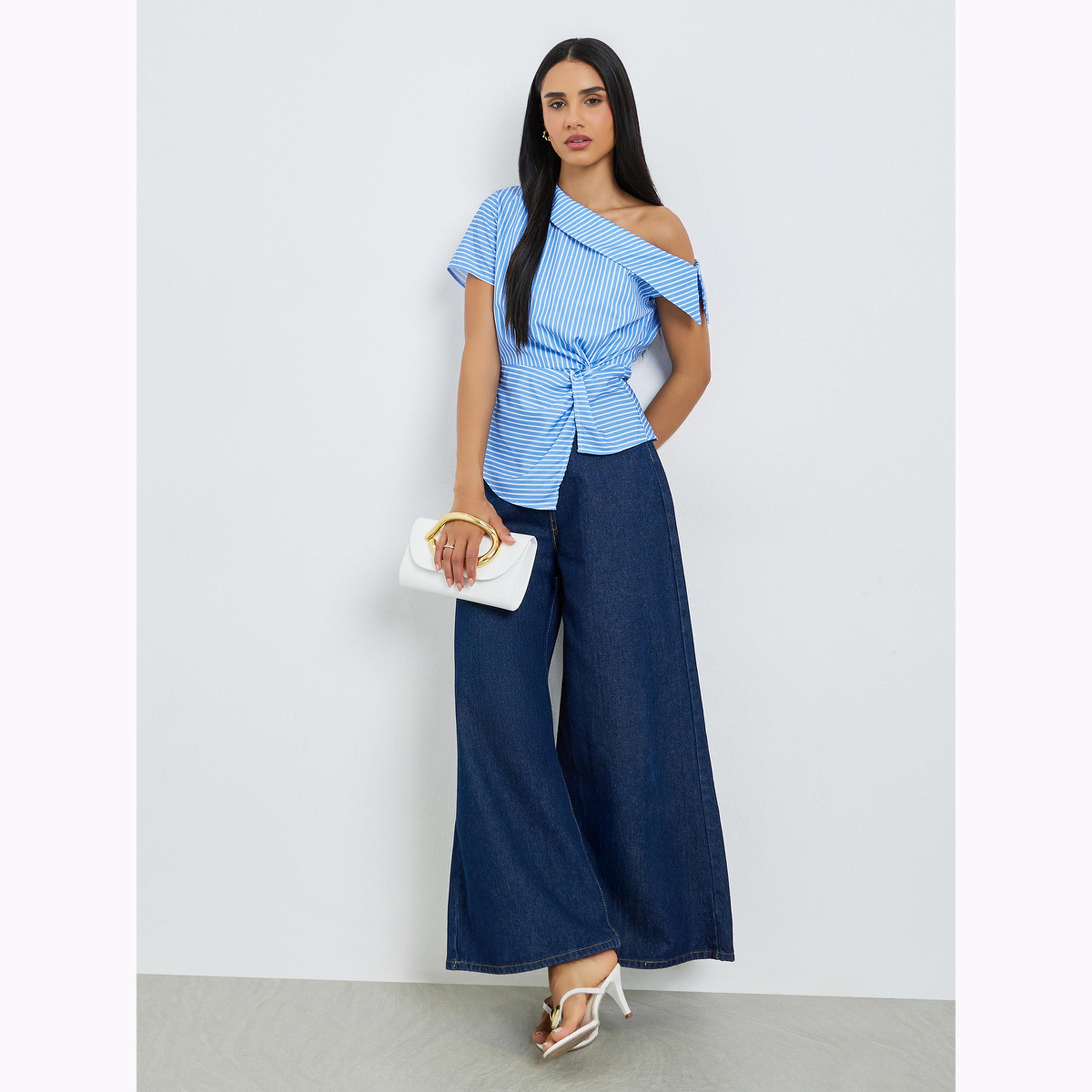 Styli Blue Striped Asymmetric Shoulder Twist Knot Blouse-women-clothing-shirtsandblouses-blouses-image-2