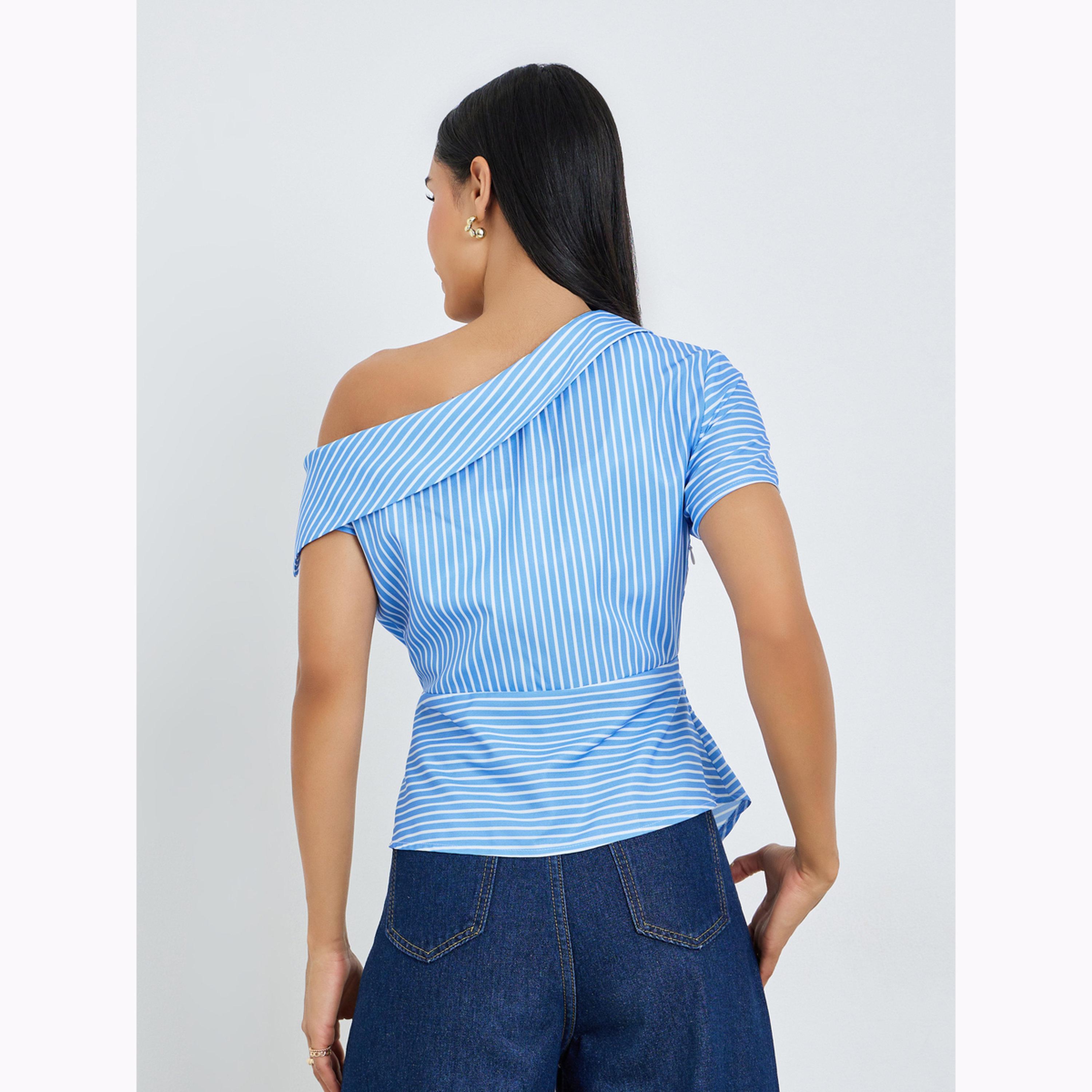 بلوزة بكتف غير متماثل وتفاصيل عقدة مخططة-women-clothing-shirtsandblouses-blouses-image-3