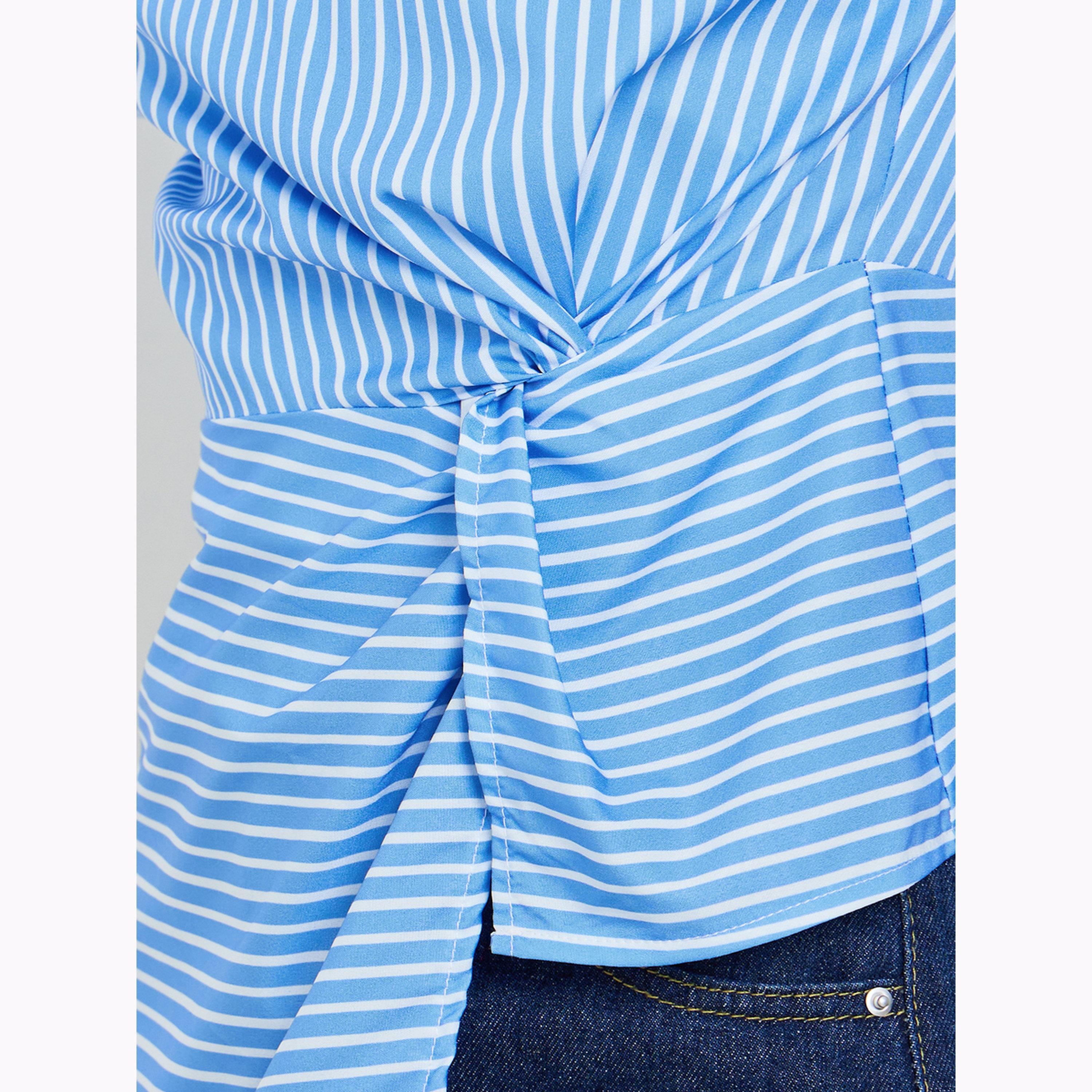 Styli Blue Striped Asymmetric Shoulder Twist Knot Blouse-women-clothing-shirtsandblouses-blouses-image-4