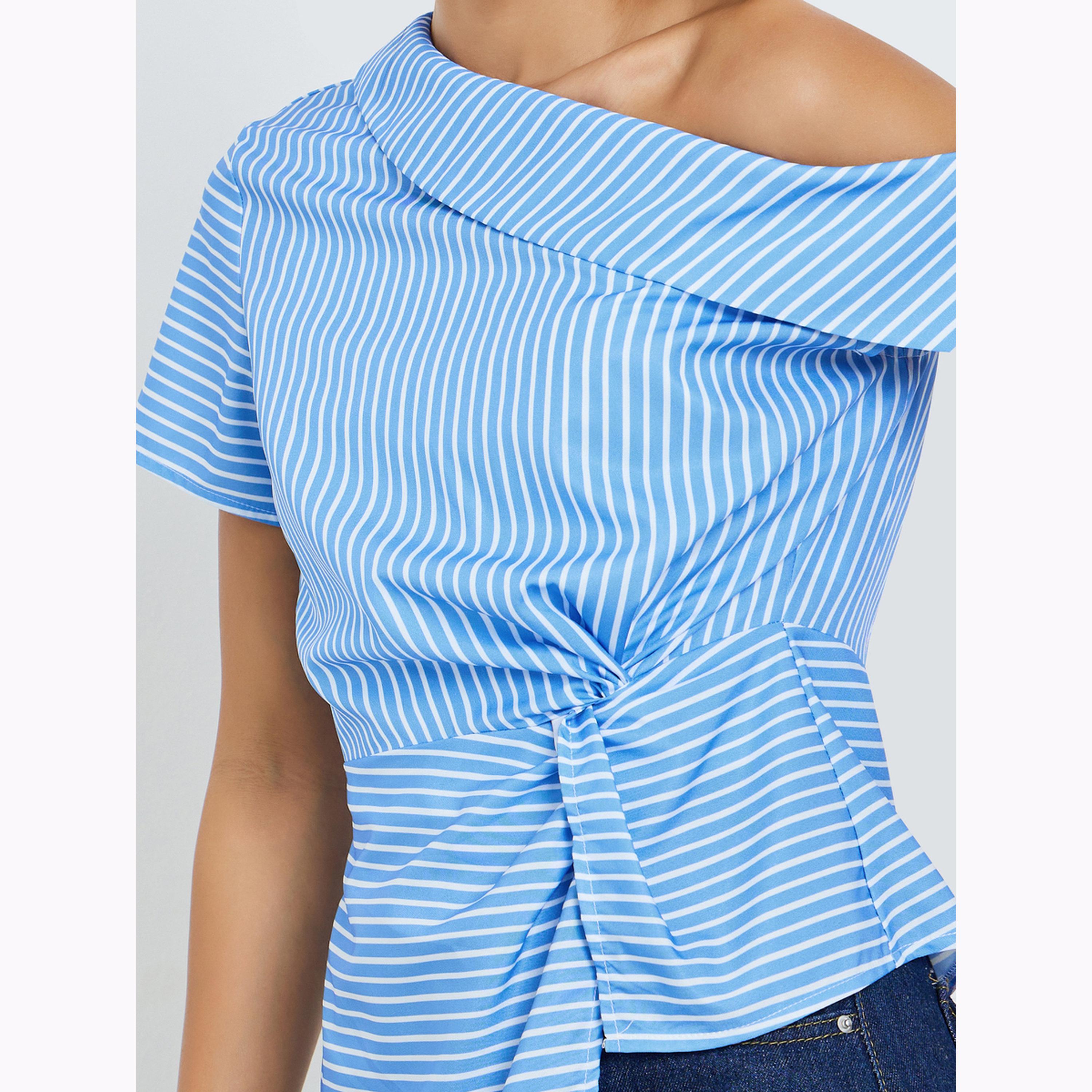 بلوزة بكتف غير متماثل وتفاصيل عقدة مخططة-women-clothing-shirtsandblouses-blouses-image-5