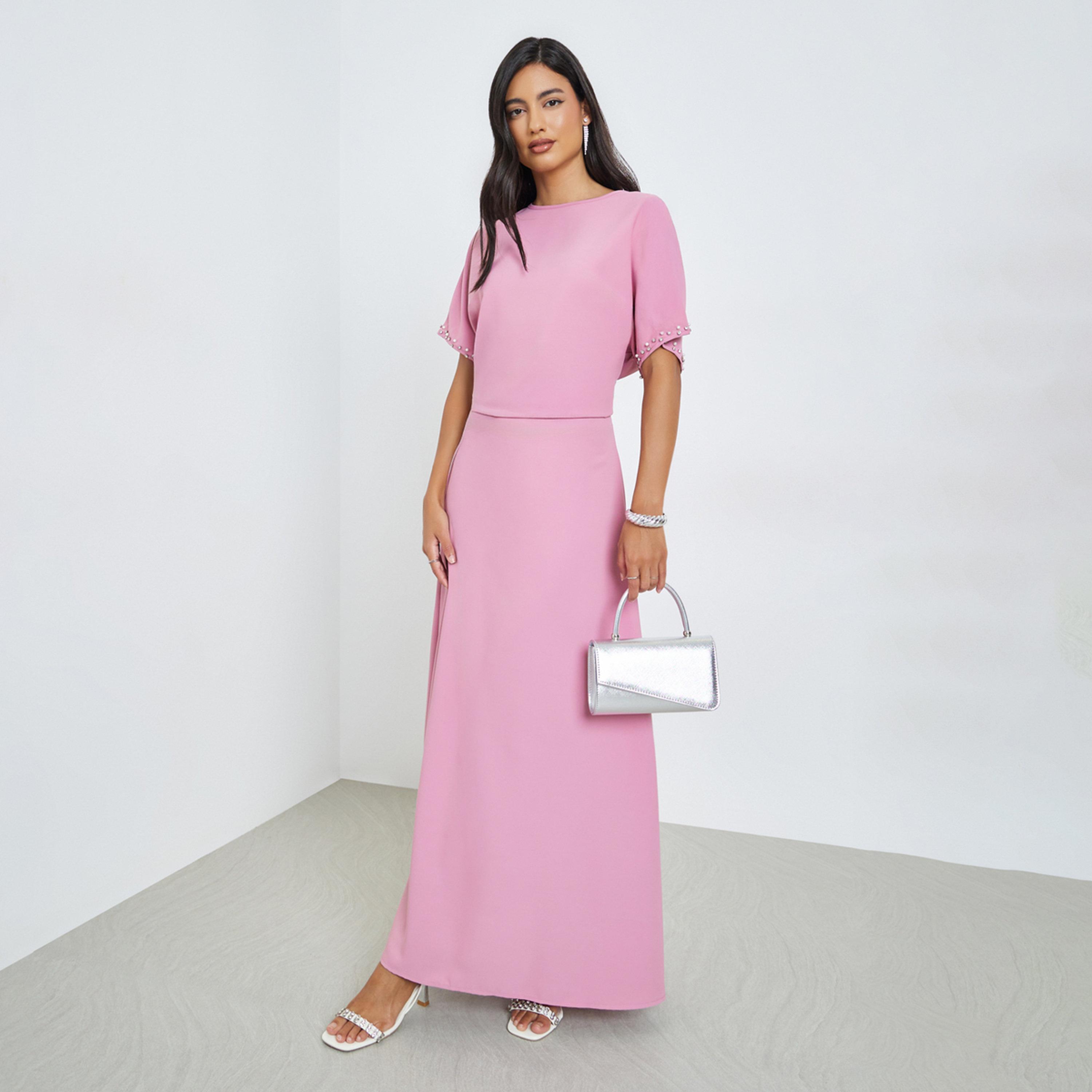 Styli Pink Embellished Short Sleeve Top and Maxi Skirt Co-Ords-women-clothing-coordsets-image-1