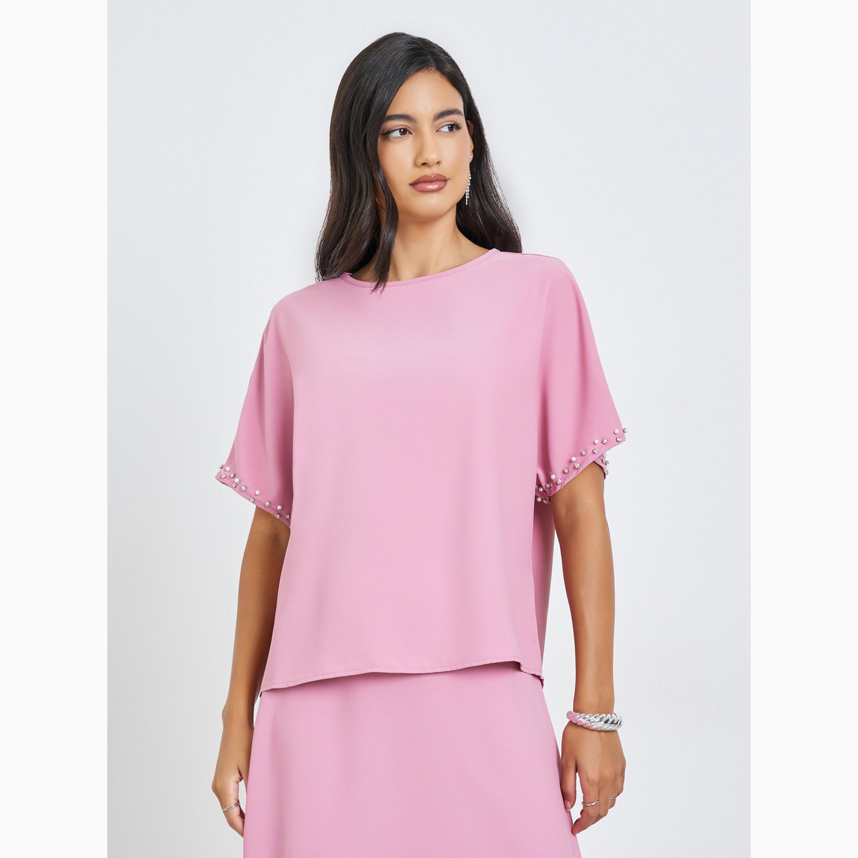 Styli Pink Embellished Short Sleeve Top and Maxi Skirt Co-Ords-women-clothing-coordsets-image-2