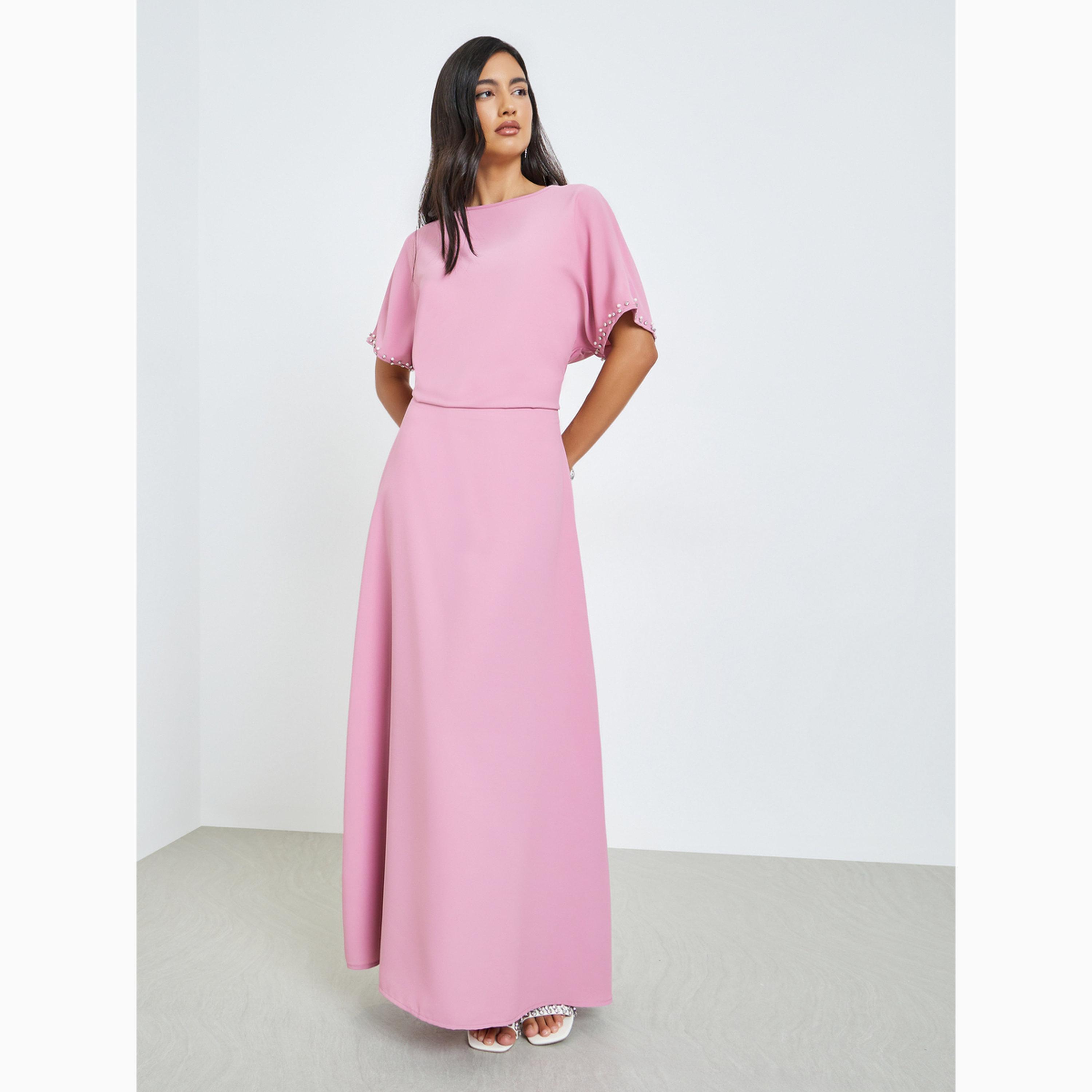 طقم منسق من تنورة طويلة وبلوزة أكمام قصيرة مزينة وردي-women-clothing-coordsets-image-4