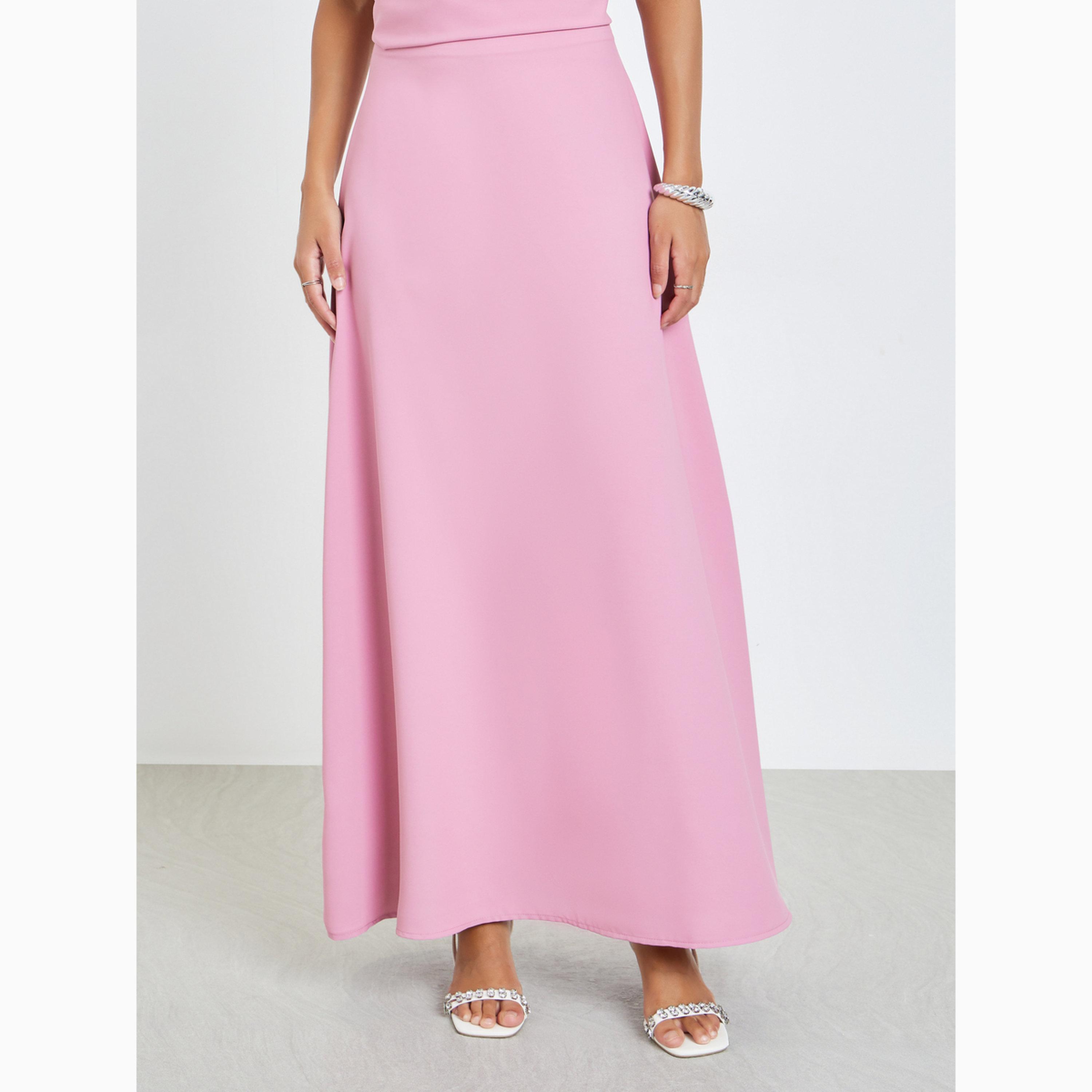 طقم منسق من تنورة طويلة وبلوزة أكمام قصيرة مزينة وردي-women-clothing-coordsets-image-5