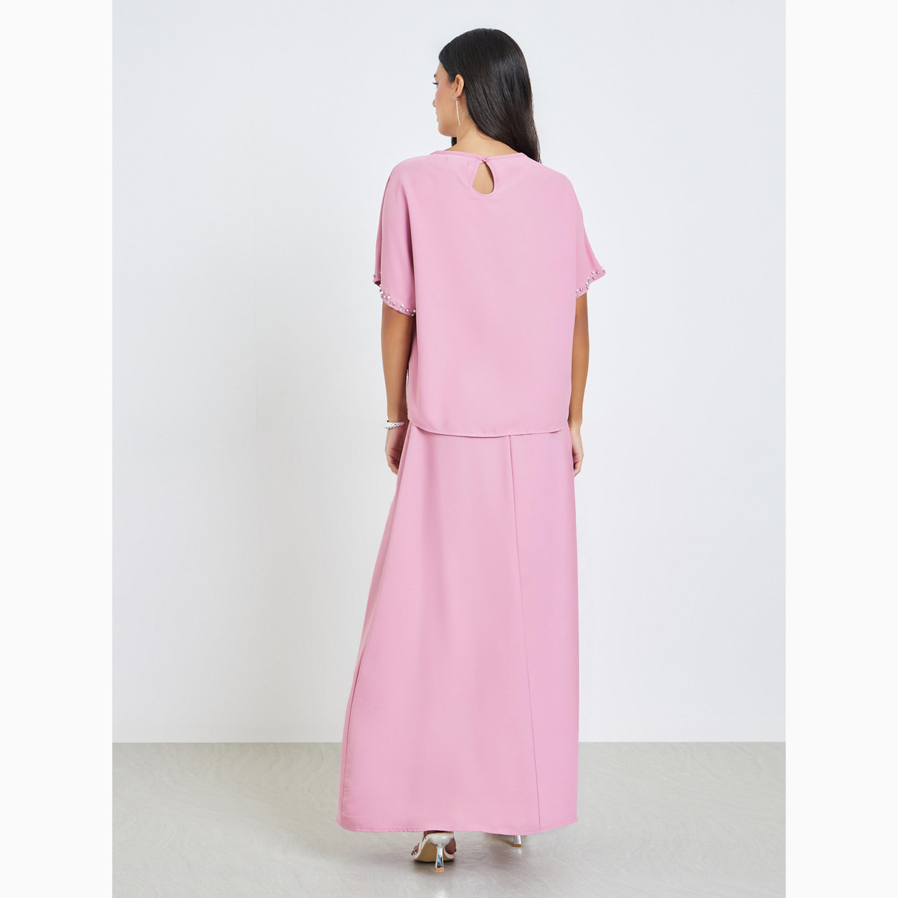 طقم منسق من تنورة طويلة وبلوزة أكمام قصيرة مزينة وردي-women-clothing-coordsets-image-6