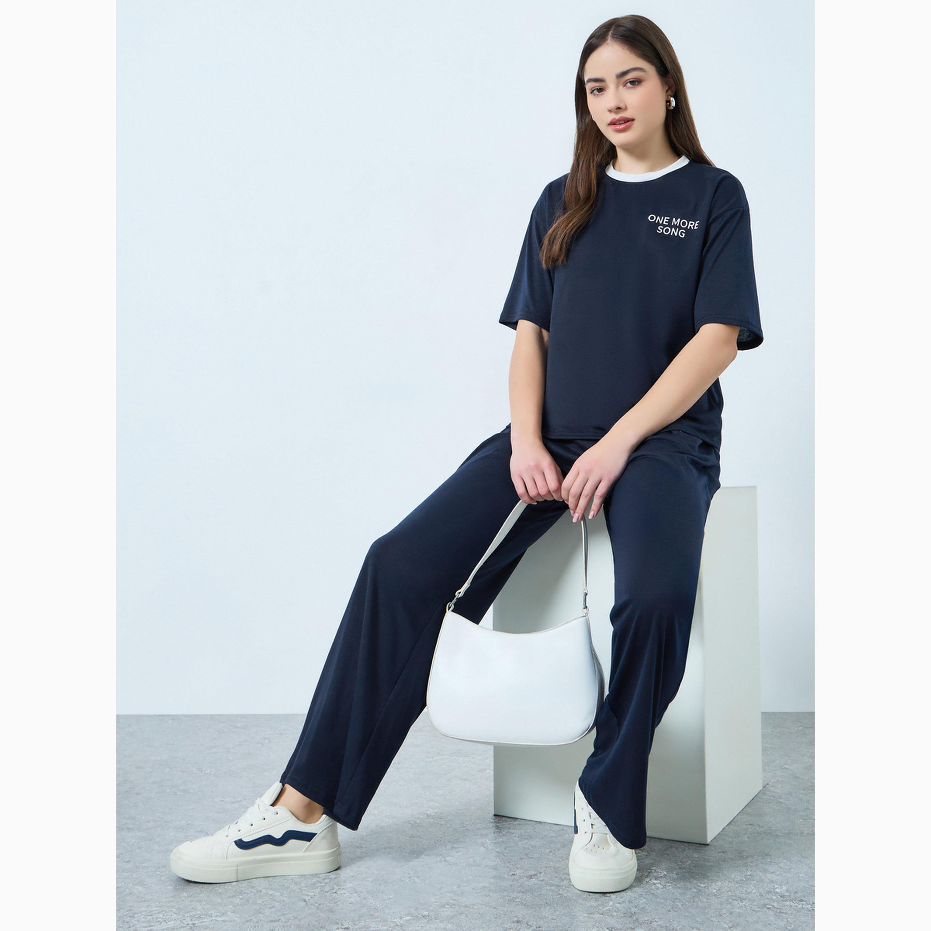 Styli Navy Printed T-Shirt and Wide Leg Joggers Co-Ords-women-clothing-coordsets-image-2