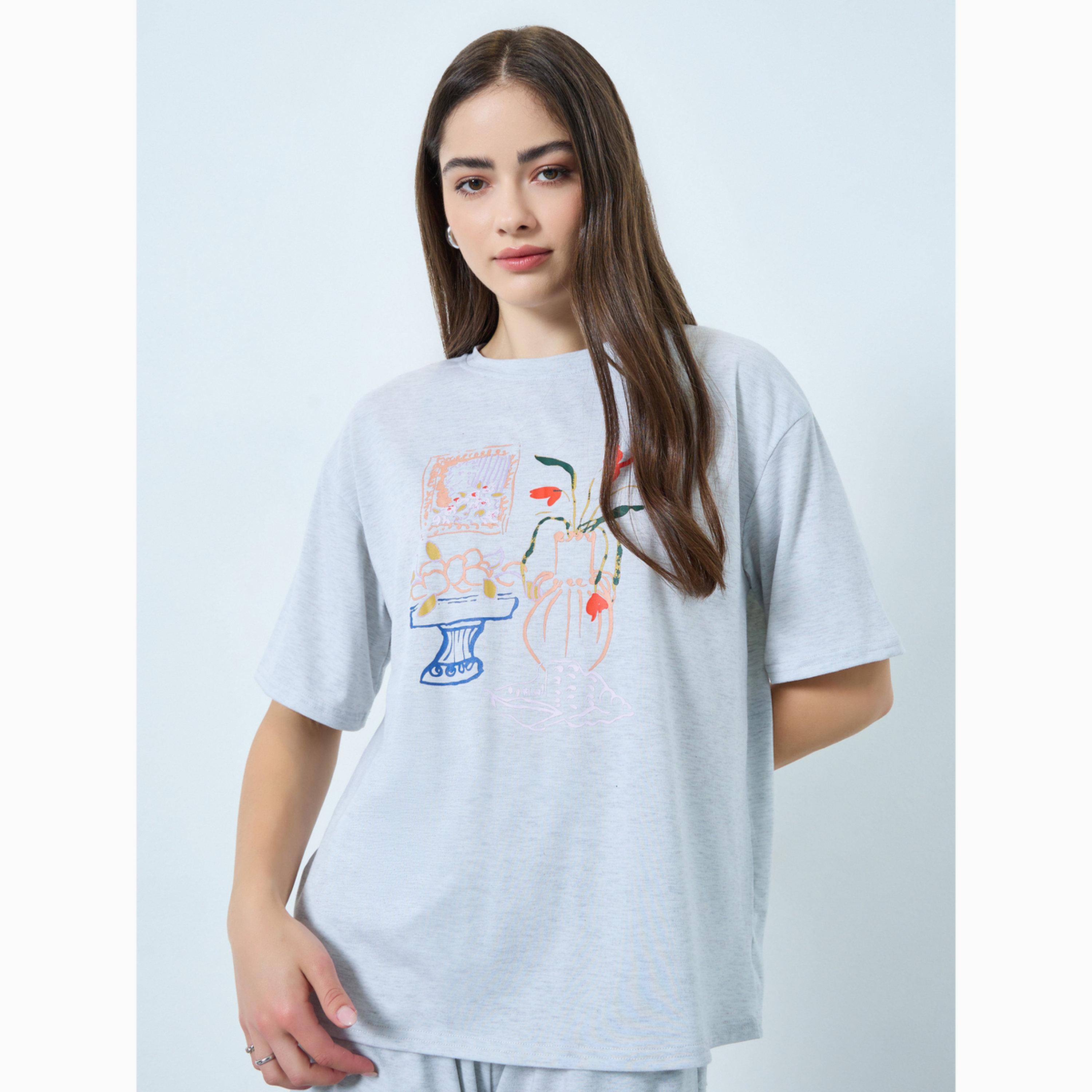 طقم منسق من جوغر بأرجل واسعة وتيشيرت مطبوع رمادي-women-clothing-coordsets-image-2