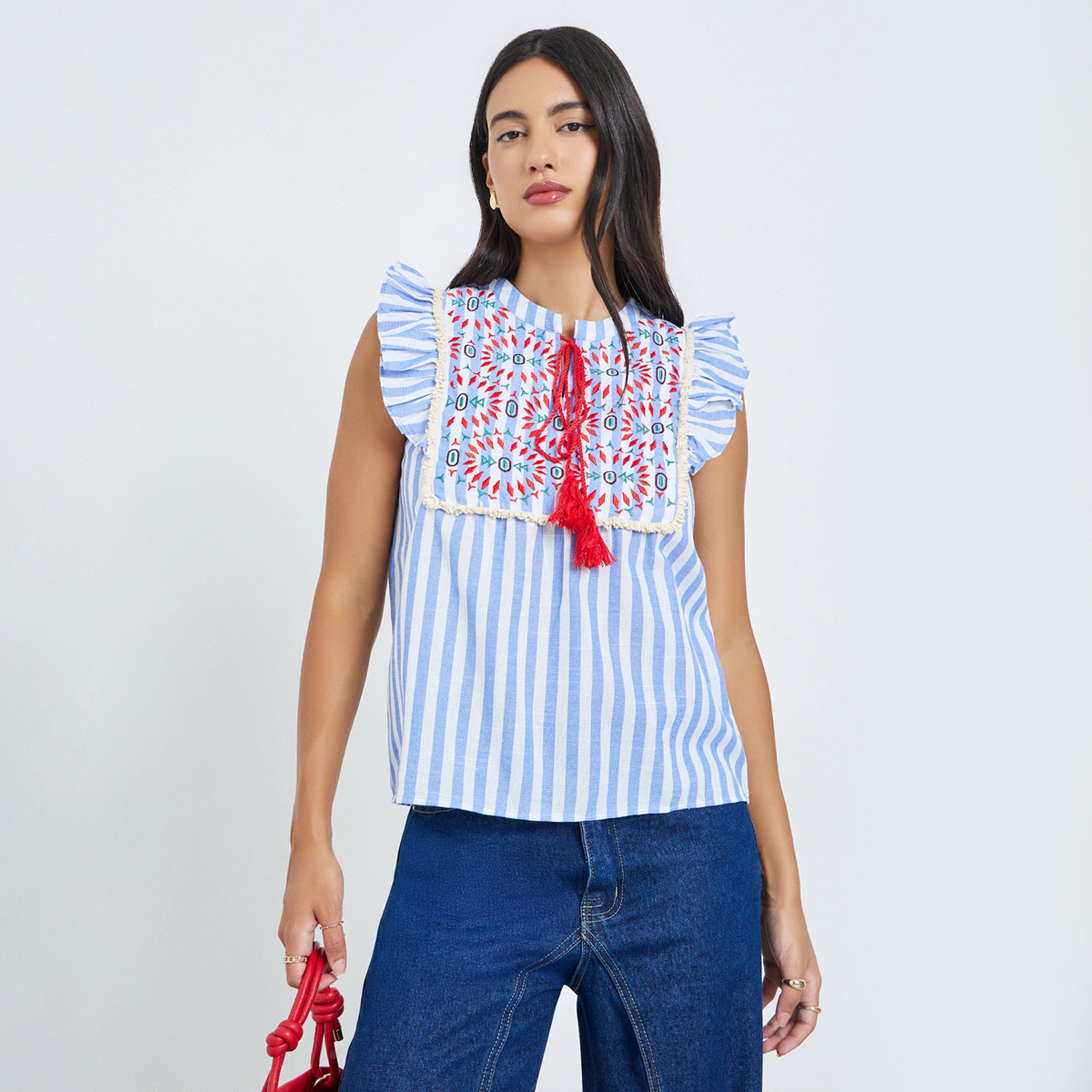 بلوزة مخططة بتفاصيل شراشيب مع تطريز وكشكش-women-clothing-shirtsandblouses-blouses-image-1