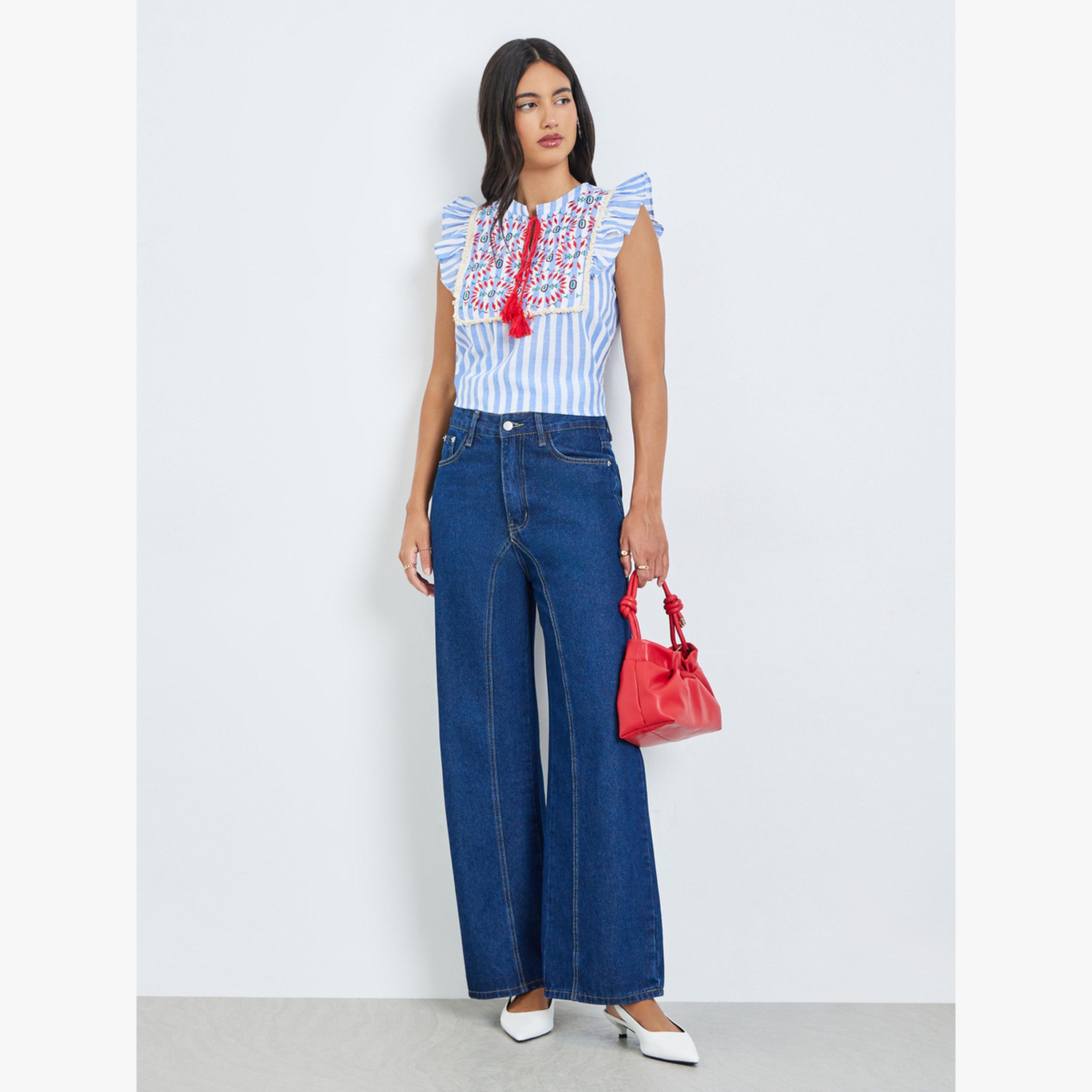 Styli Blue Striped Tassel Detail Blouse with Embroidery and Ruffles-women-clothing-shirtsandblouses-blouses-image-2
