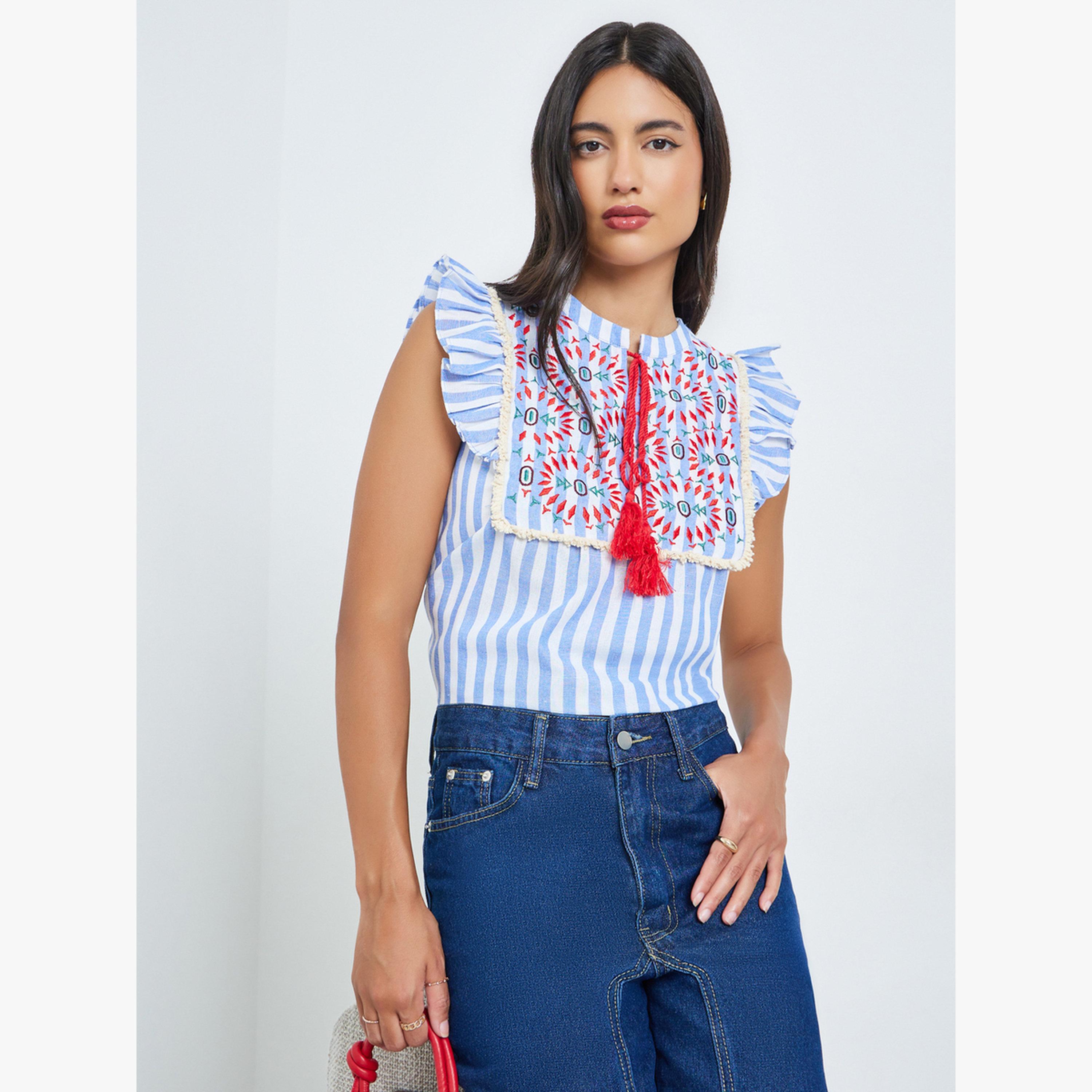 بلوزة مخططة بتفاصيل شراشيب مع تطريز وكشكش-women-clothing-shirtsandblouses-blouses-image-3