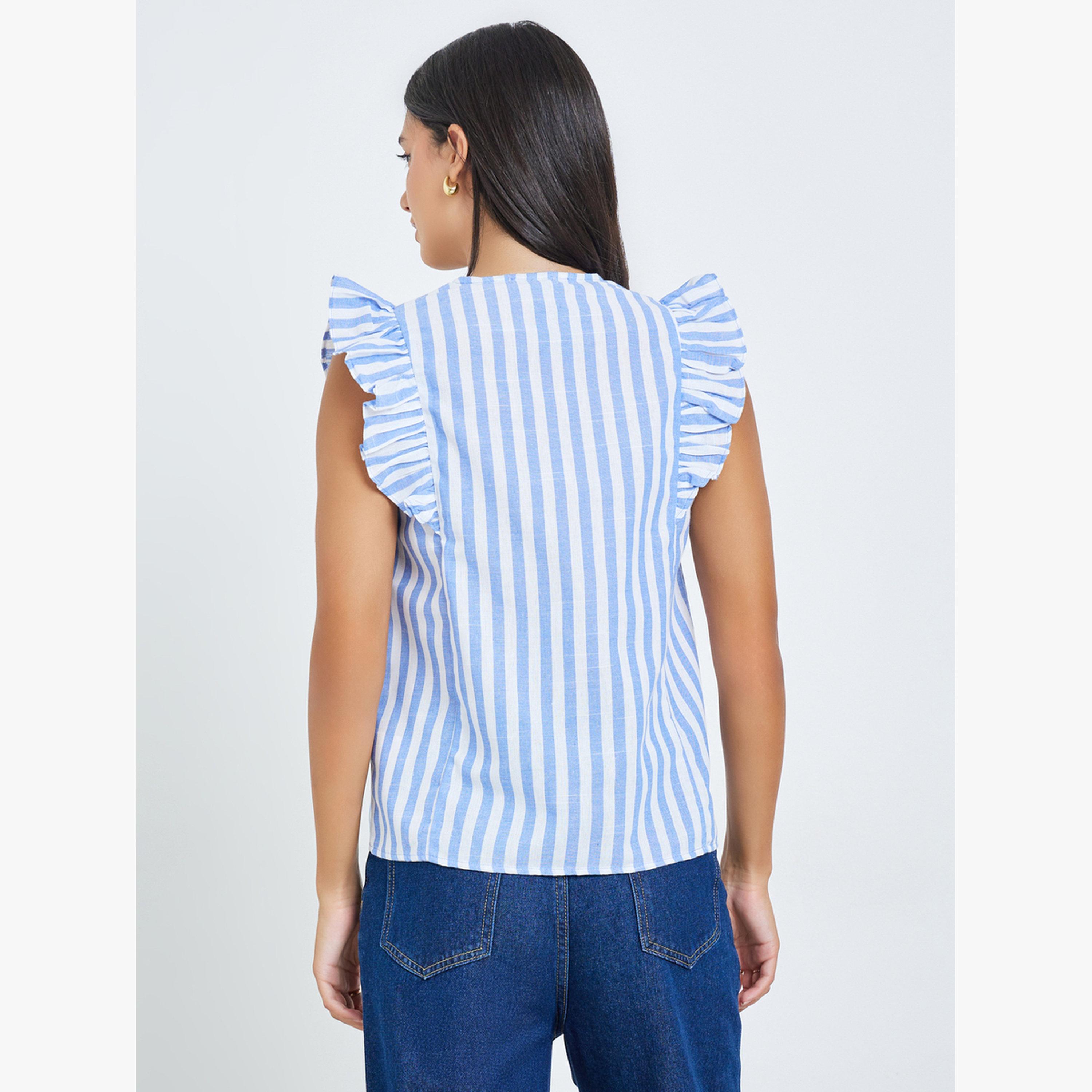 بلوزة مخططة بتفاصيل شراشيب مع تطريز وكشكش-women-clothing-shirtsandblouses-blouses-image-4