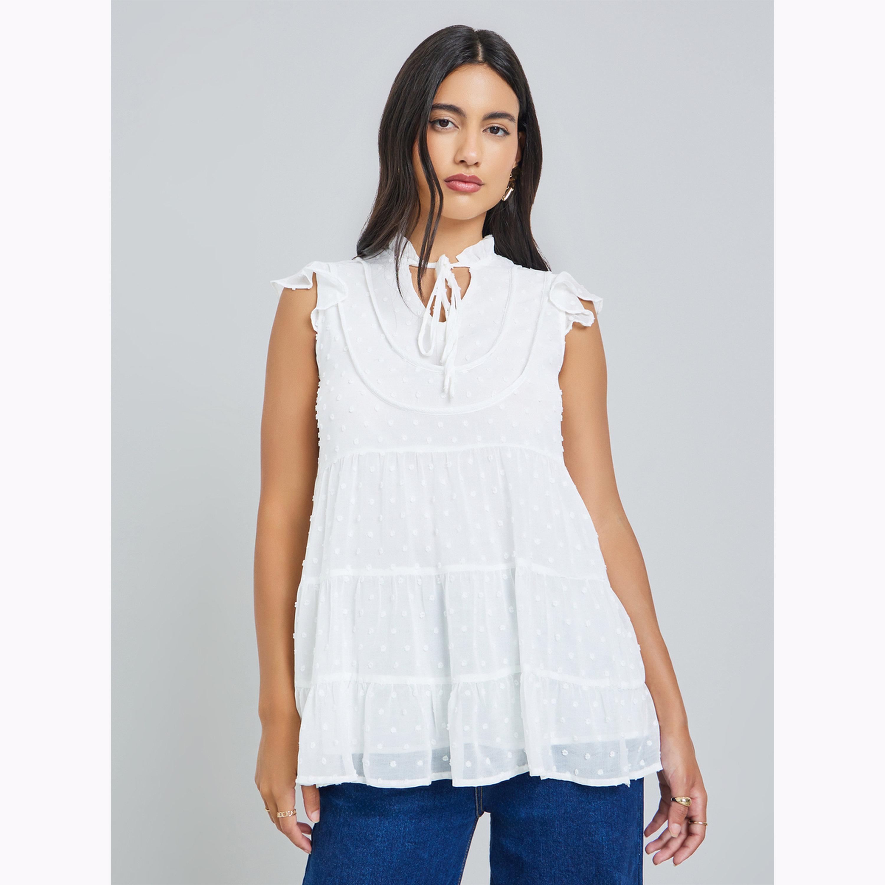 Styli White Dobby Tie-Up Neck Blouse-women-clothing-shirtsandblouses-blouses-image-1