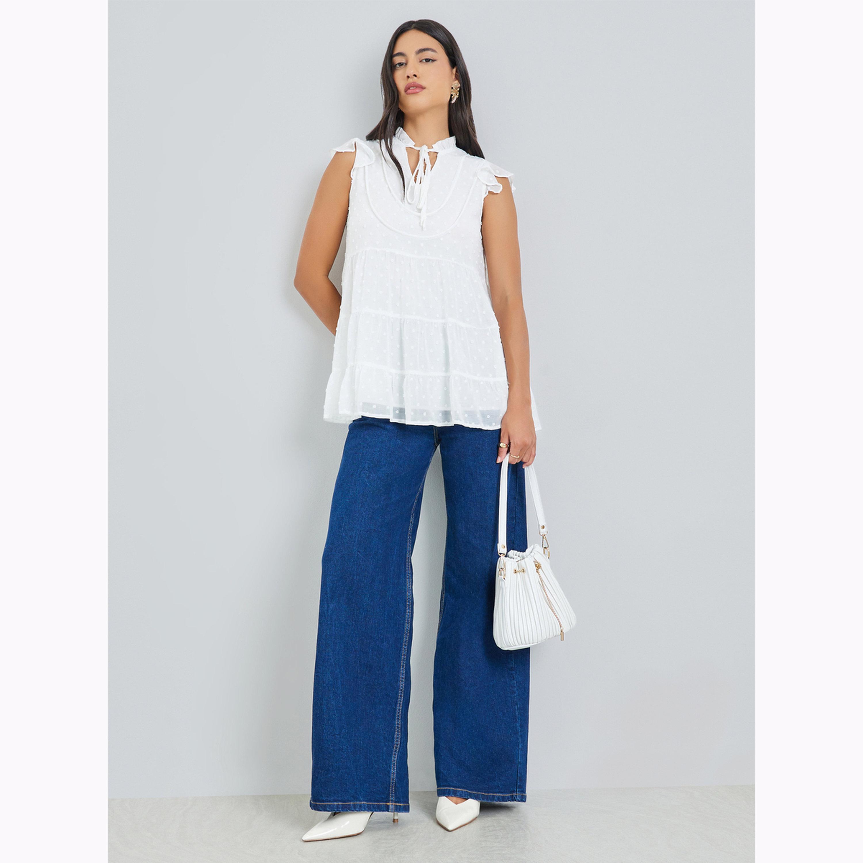Styli White Dobby Tie-Up Neck Blouse-women-clothing-shirtsandblouses-blouses-image-2