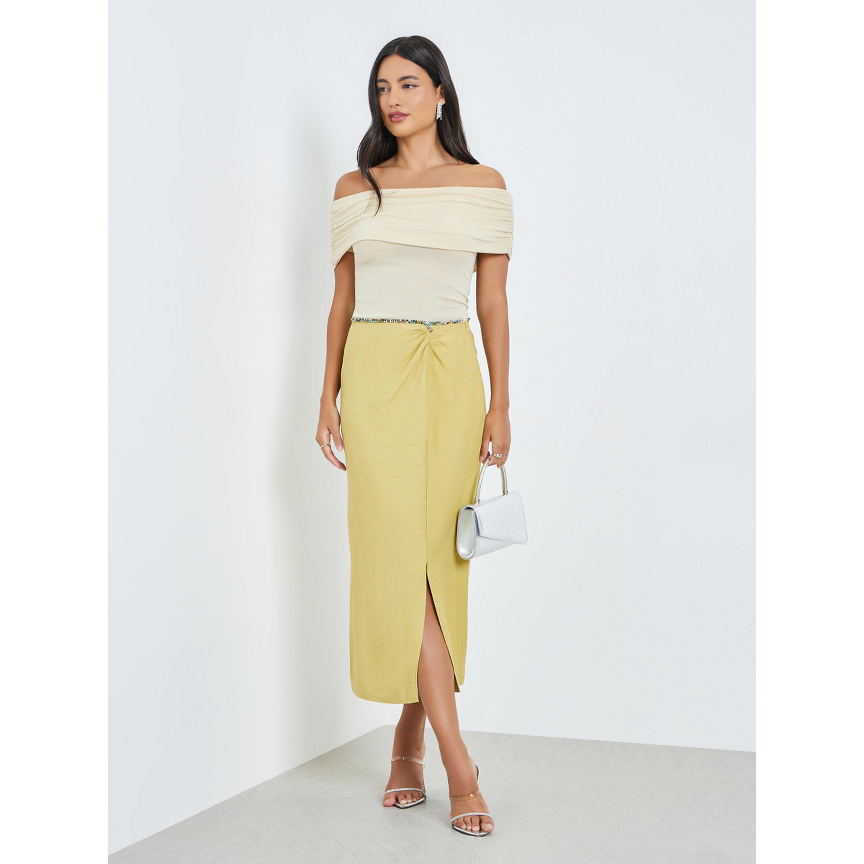 Styli Khaki Embellished Waistband Pencil Midi Skirt-women-clothing-bottoms-skirts-image-2