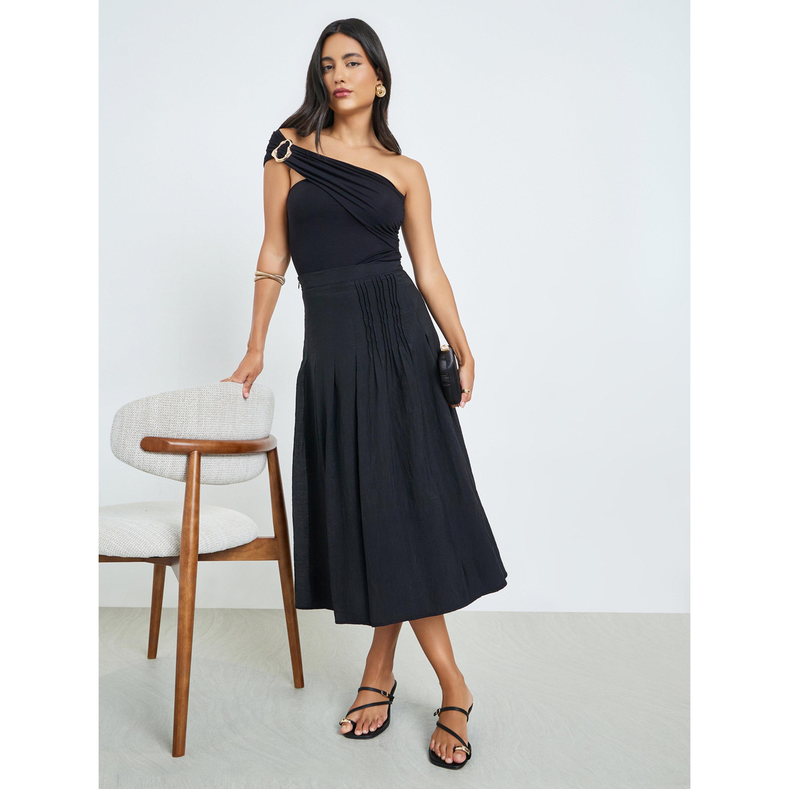تنورة ميدي بحافة واسعة وتفاصيل طيات-women-clothing-bottoms-skirts-image-2