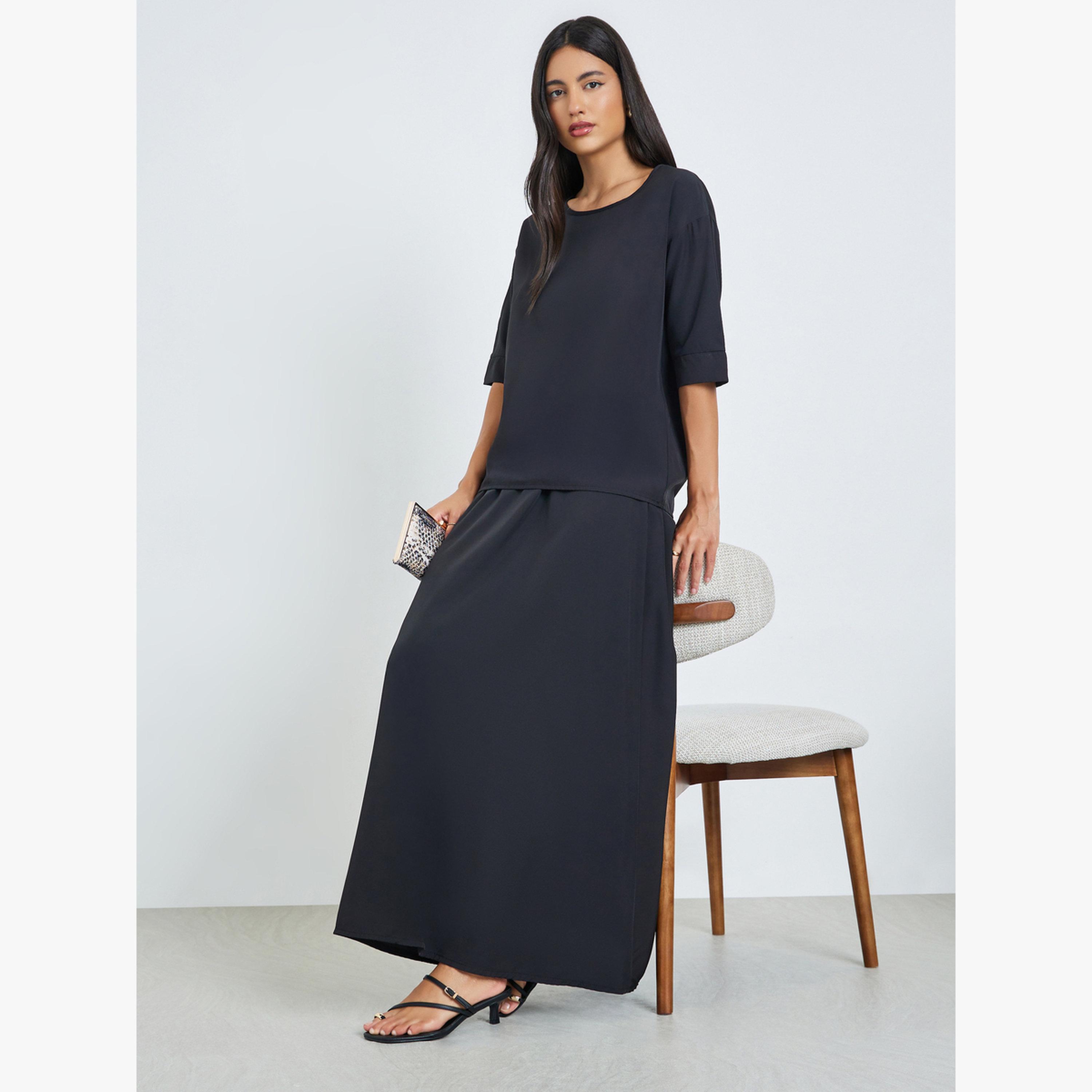 طقم منسق من تنورة طويلة وبلوزة سادة أسود-women-clothing-coordsets-image-2