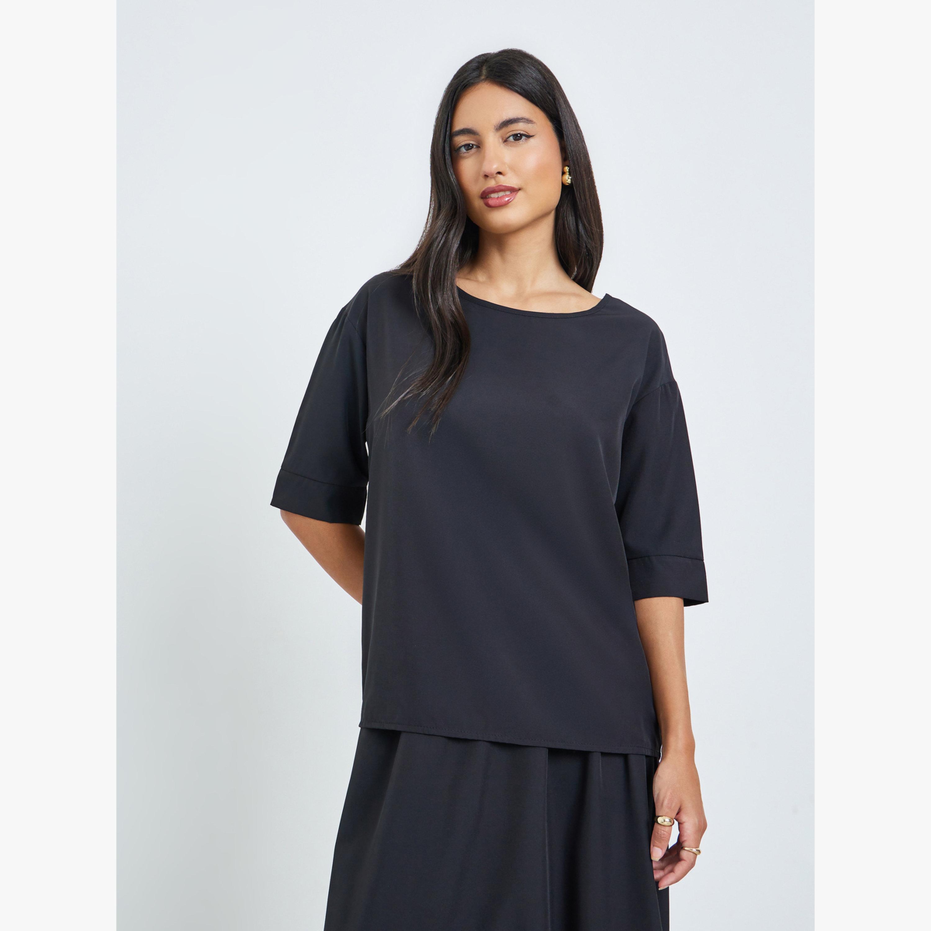 طقم منسق من تنورة طويلة وبلوزة سادة أسود-women-clothing-coordsets-image-3