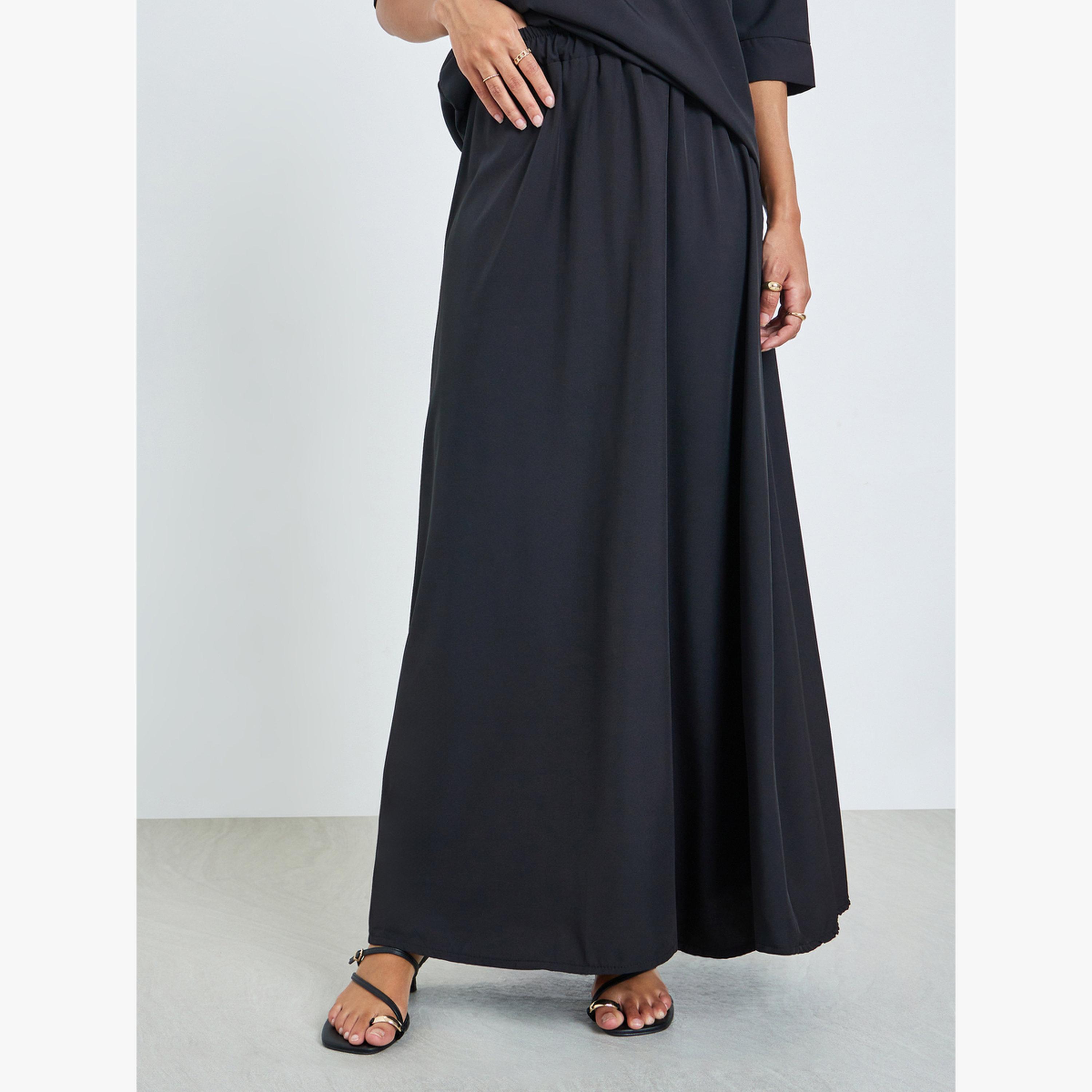 طقم منسق من تنورة طويلة وبلوزة سادة أسود-women-clothing-coordsets-image-5