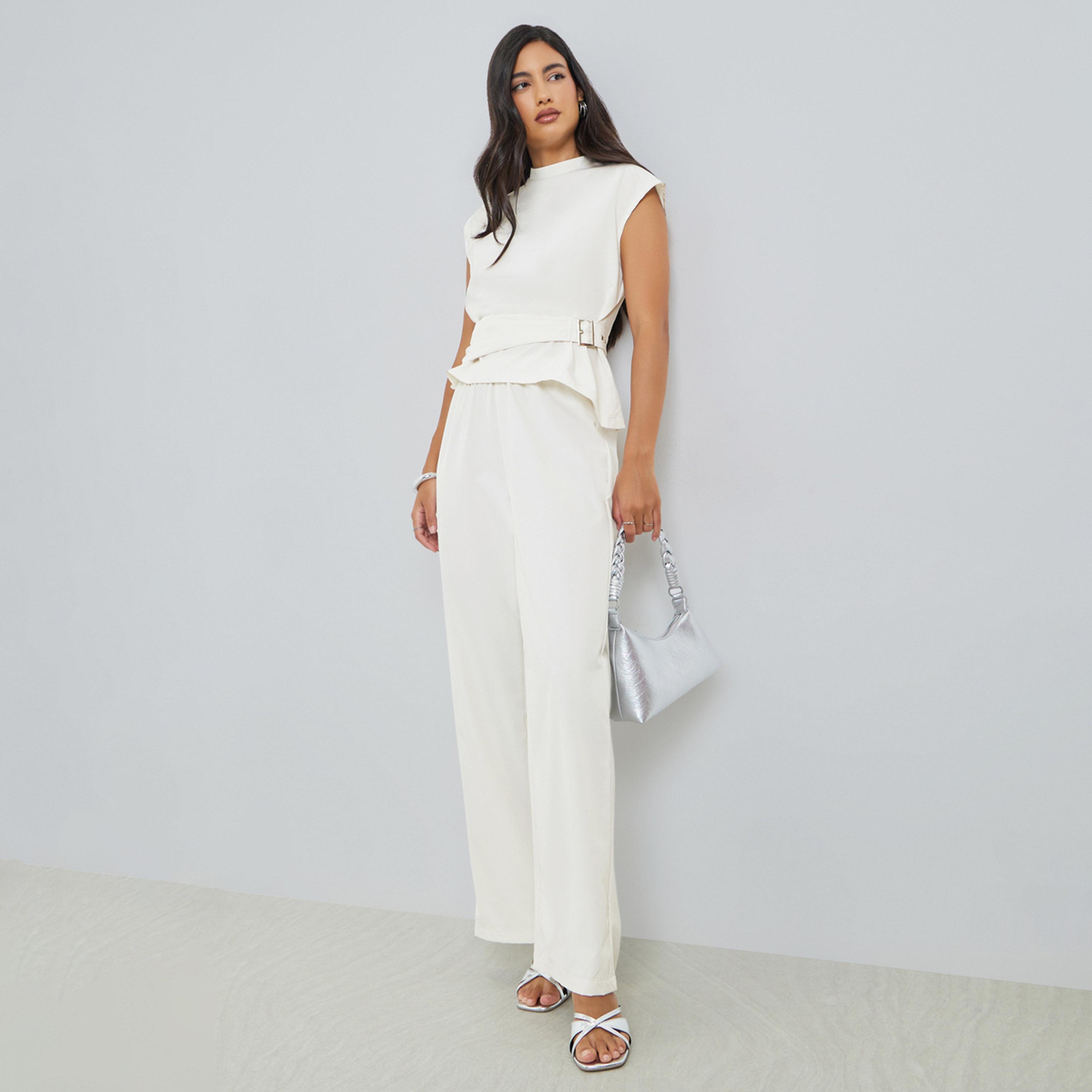 Styli Beige Asymmetric Hem Top and Wide Leg Pants Co-Ords-women-clothing-coordsets-image-1