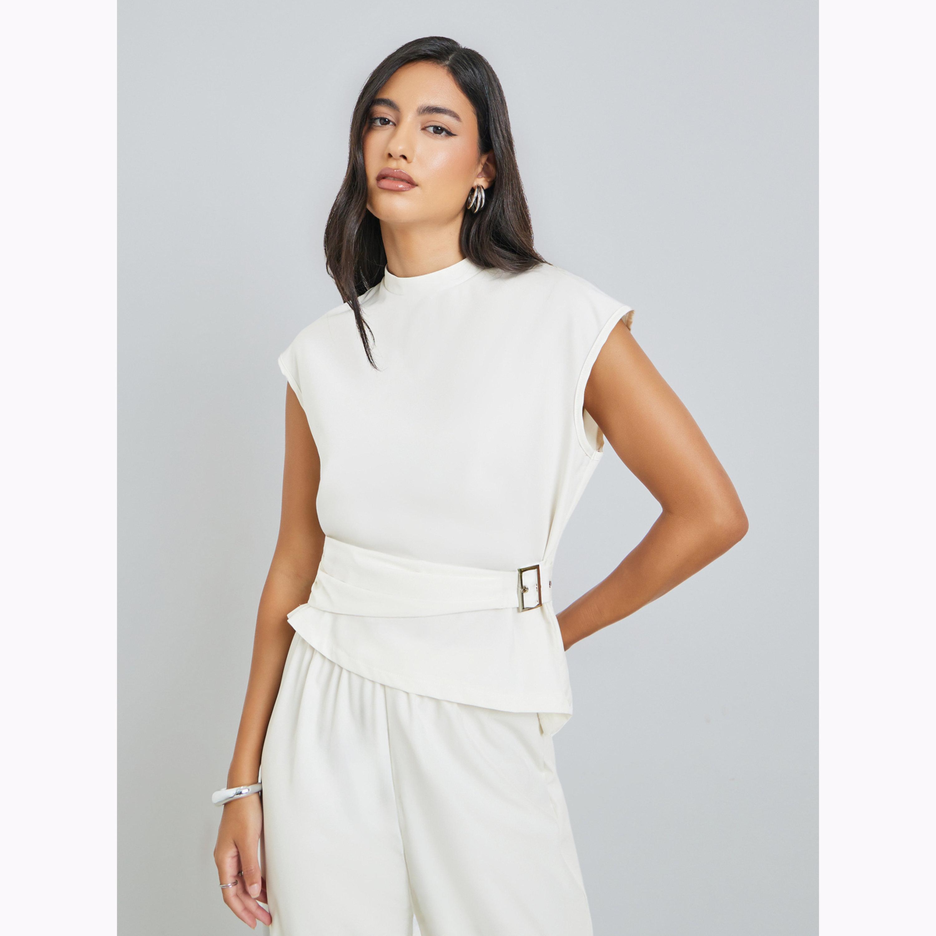 Styli Beige Asymmetric Hem Top and Wide Leg Pants Co-Ords-women-clothing-coordsets-image-2