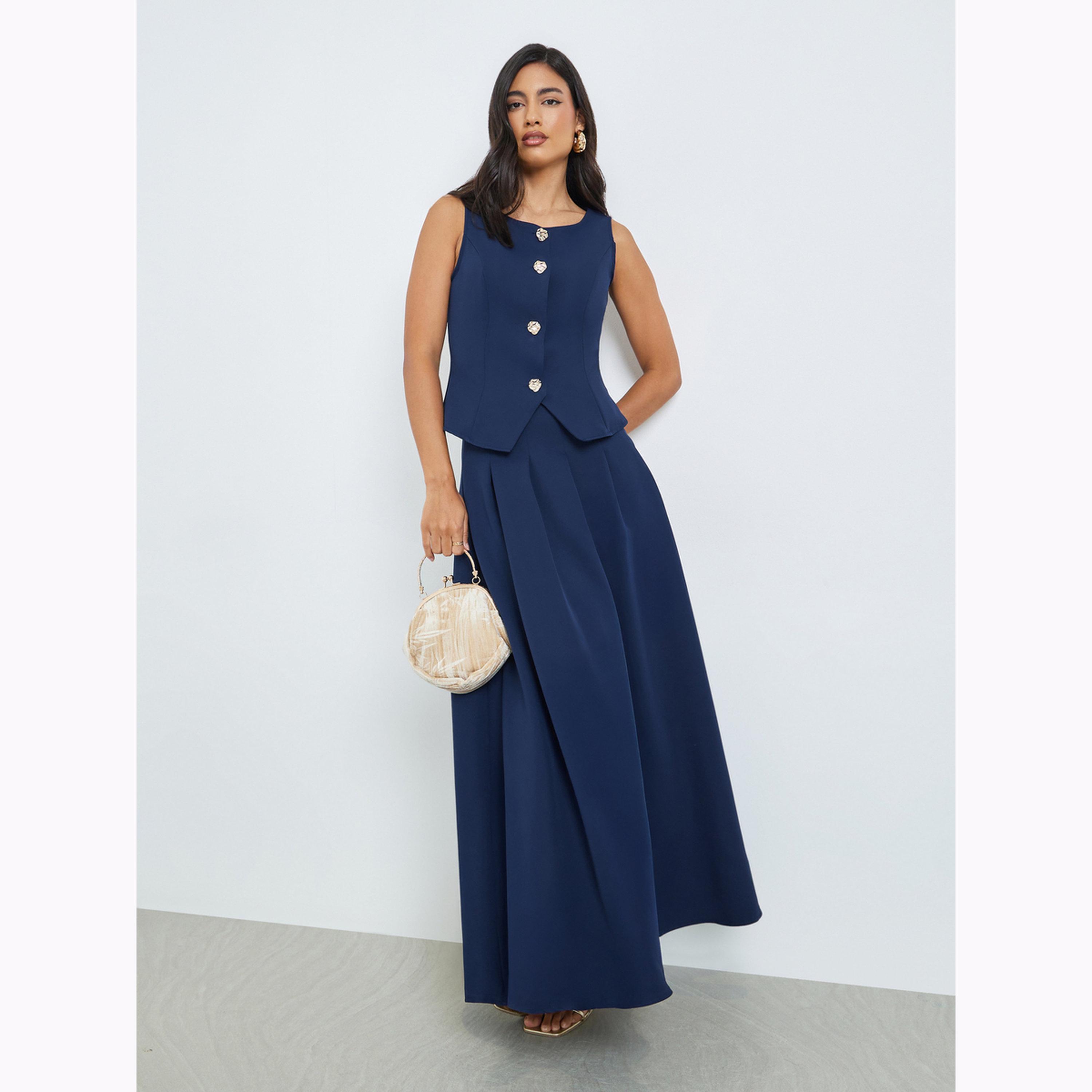 Styli Metal Buckle Decorated Sleeveless Top and Pleated A-line Maxi Skirt Set-women-clothing-coordsets-image-1