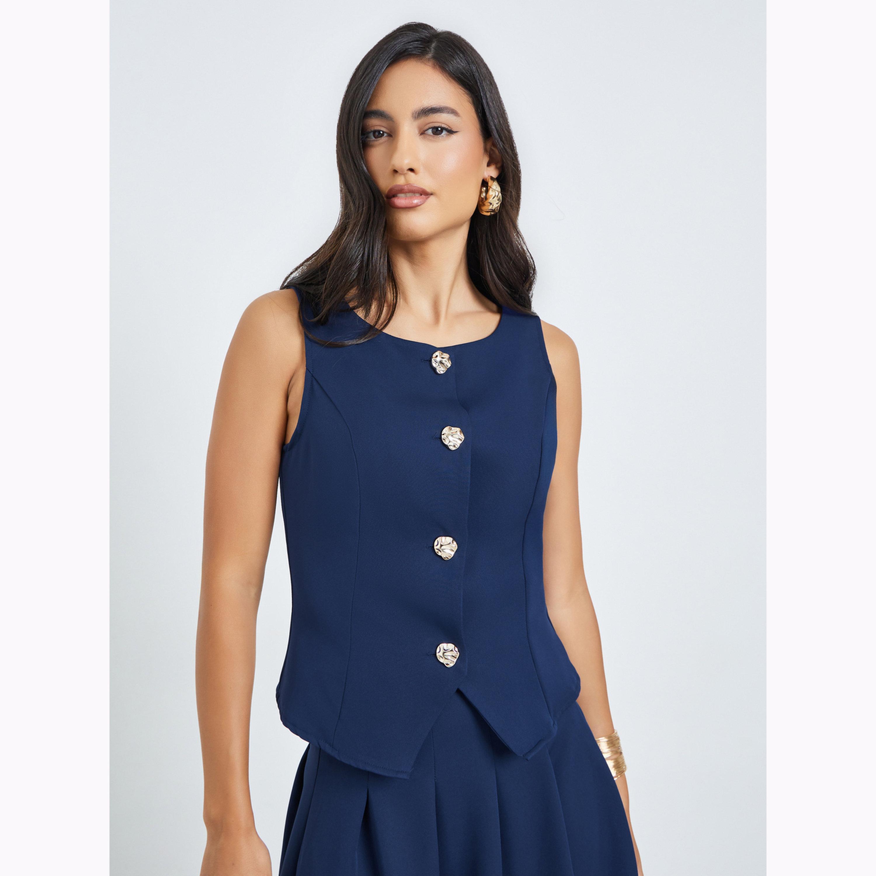 Styli Metal Buckle Decorated Sleeveless Top and Pleated A-line Maxi Skirt Set-women-clothing-coordsets-image-2