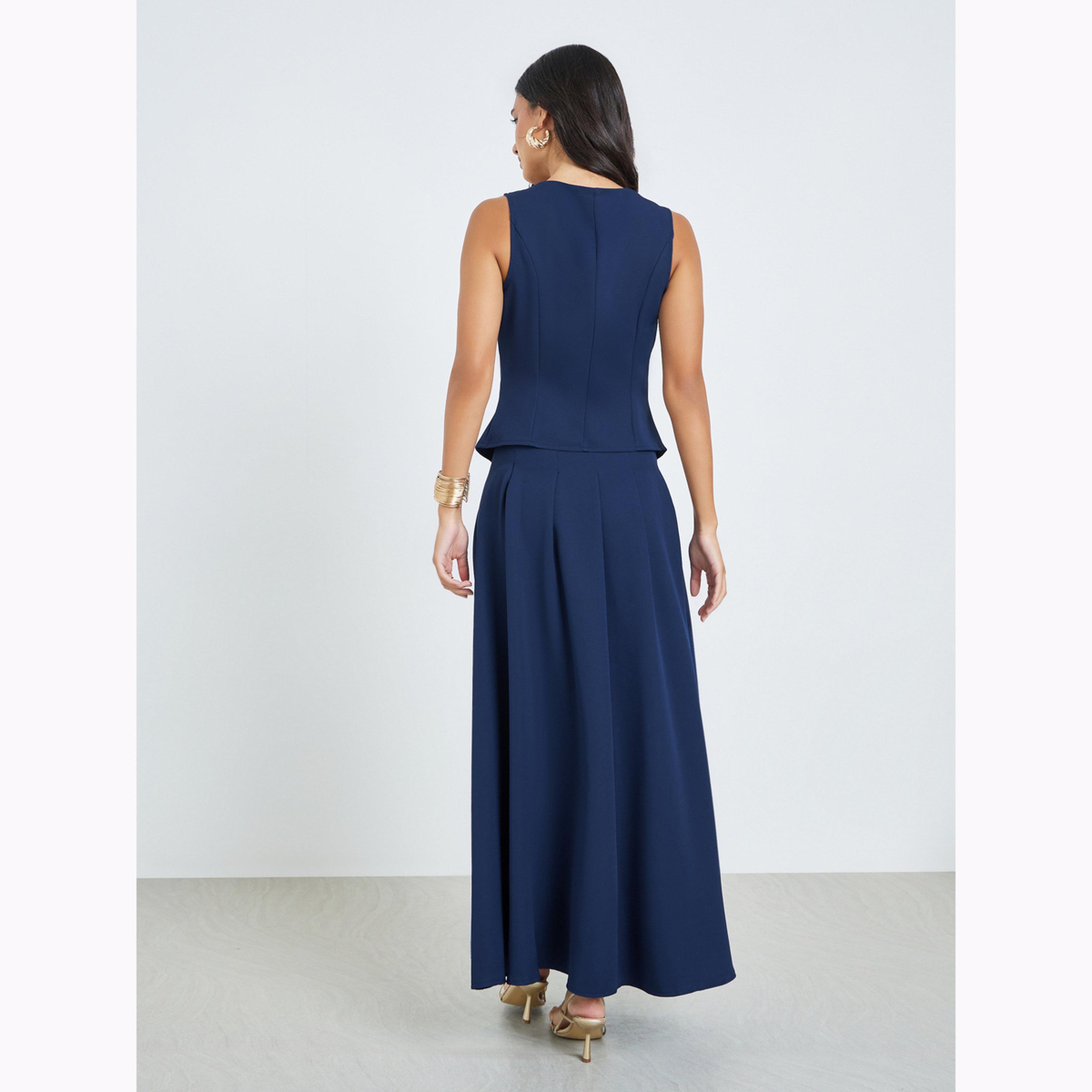 Styli Metal Buckle Decorated Sleeveless Top and Pleated A-line Maxi Skirt Set-women-clothing-coordsets-image-3