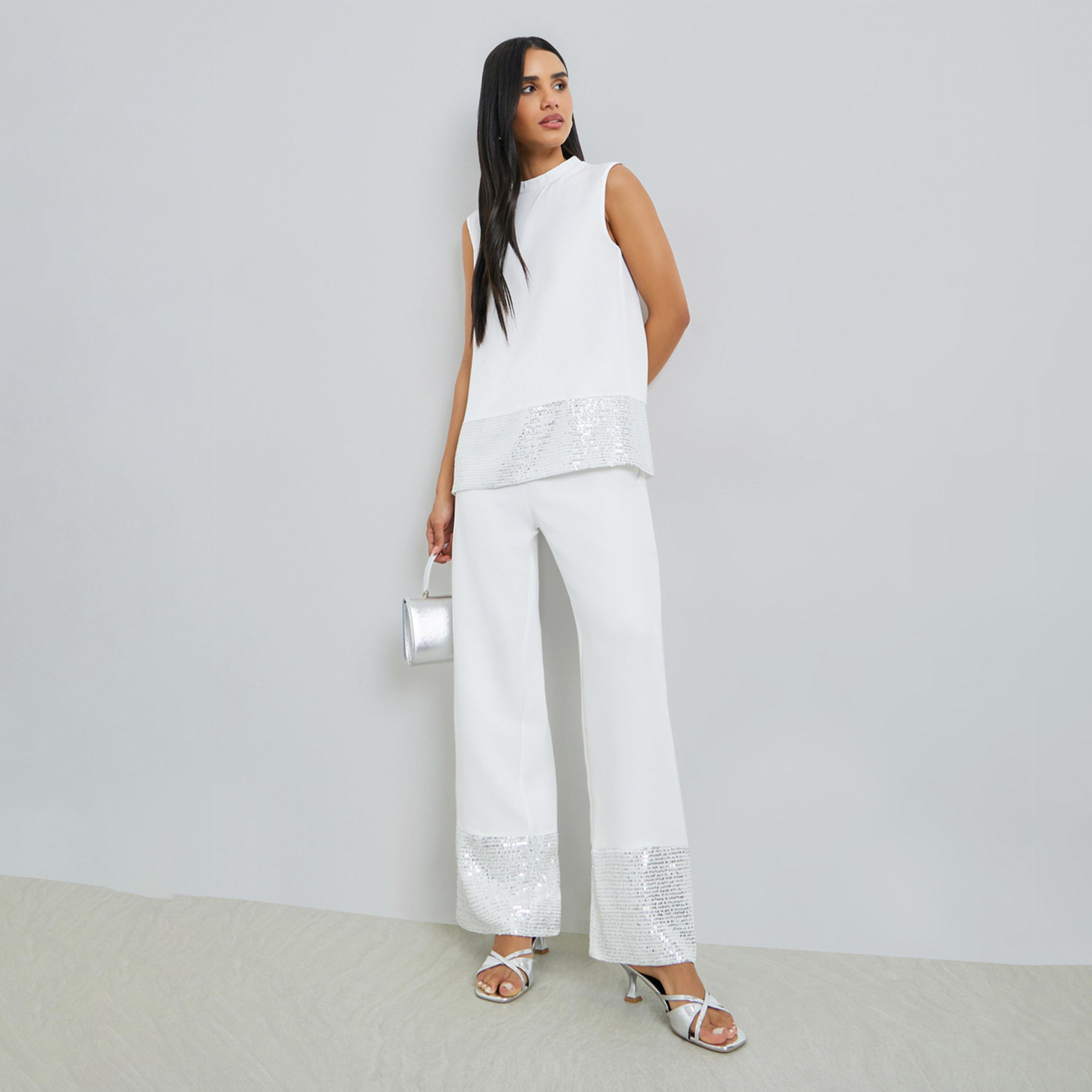 Styli White Sequin Sleeveless Top and Wide Leg Pants Co-Ords-women-clothing-coordsets-image-1