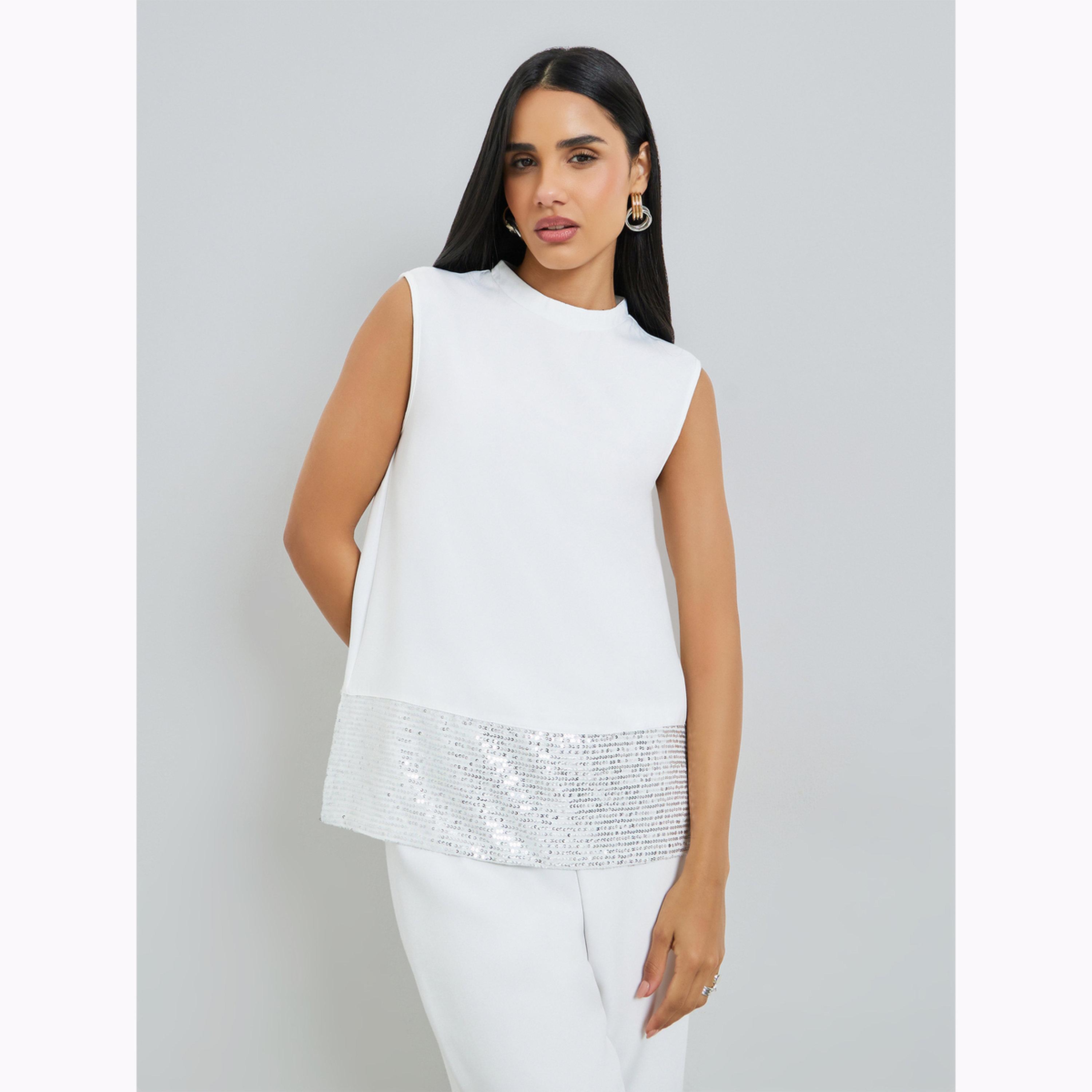 Styli White Sequin Sleeveless Top and Wide Leg Pants Co-Ords-women-clothing-coordsets-image-3