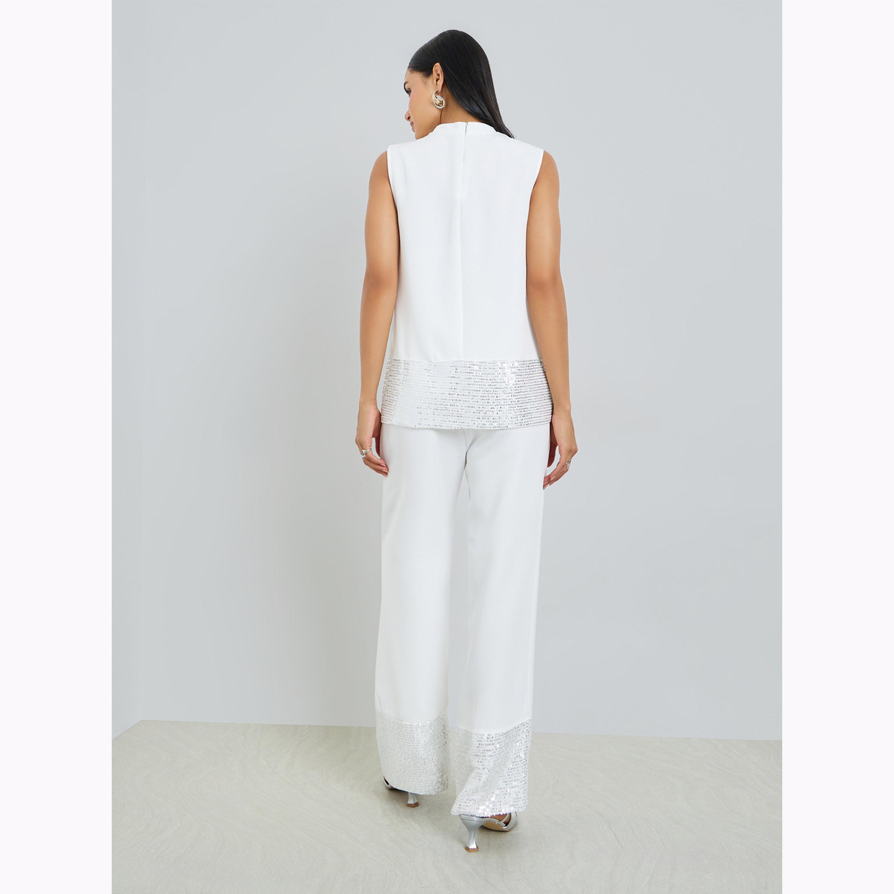 Styli White Sequin Sleeveless Top and Wide Leg Pants Co-Ords-women-clothing-coordsets-image-4
