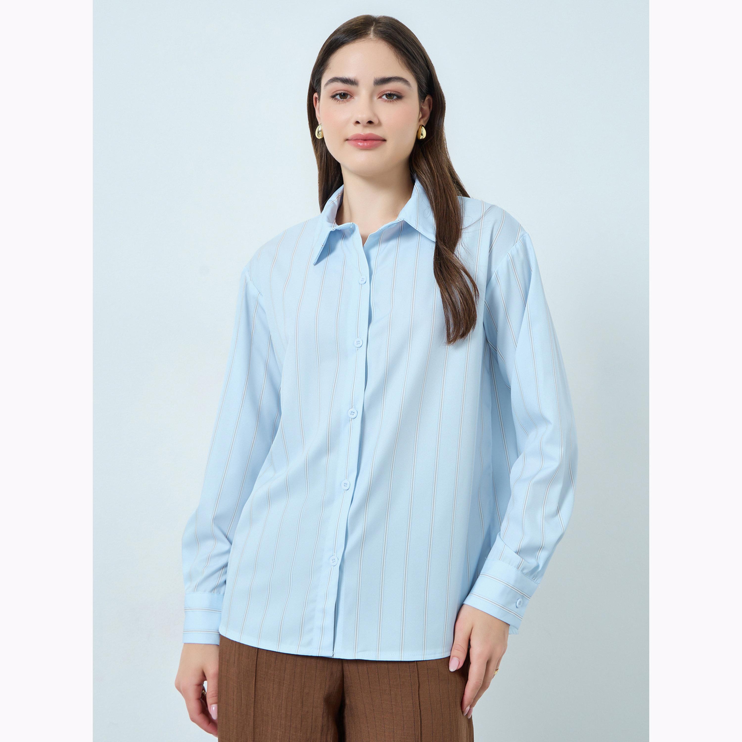 Styli Blue Striped Oversized Shirt-women-clothing-shirtsandblouses-shirts-image-1