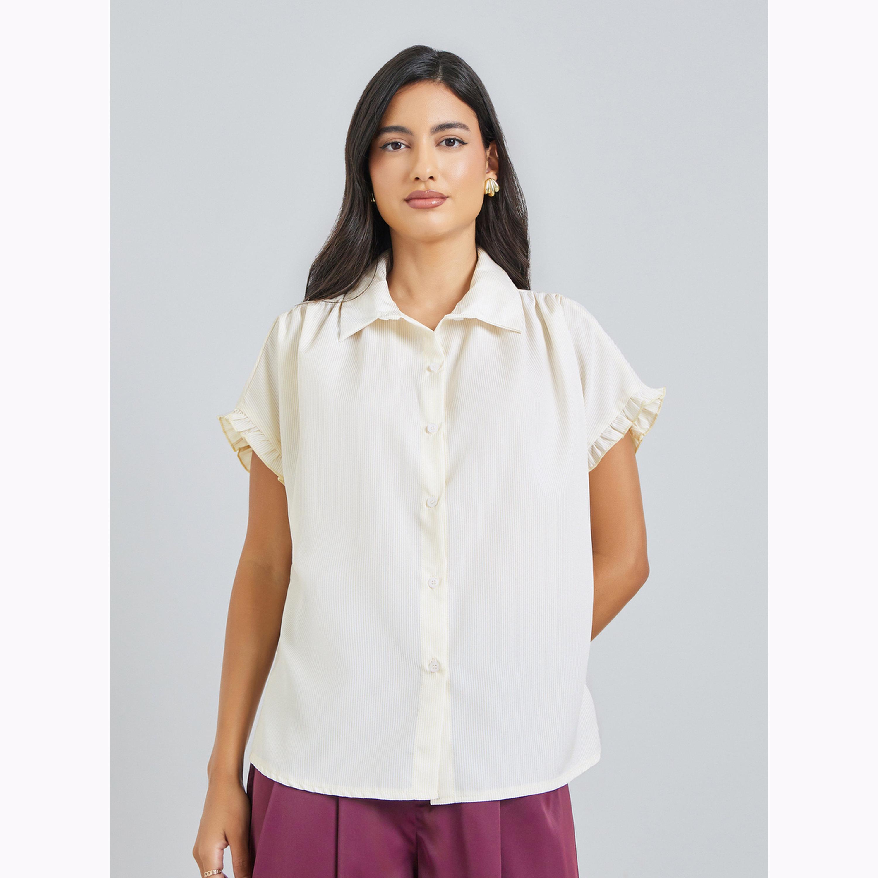 Styli Beige Striped Short Sleeve Shirt-women-clothing-shirtsandblouses-shirts-image-1