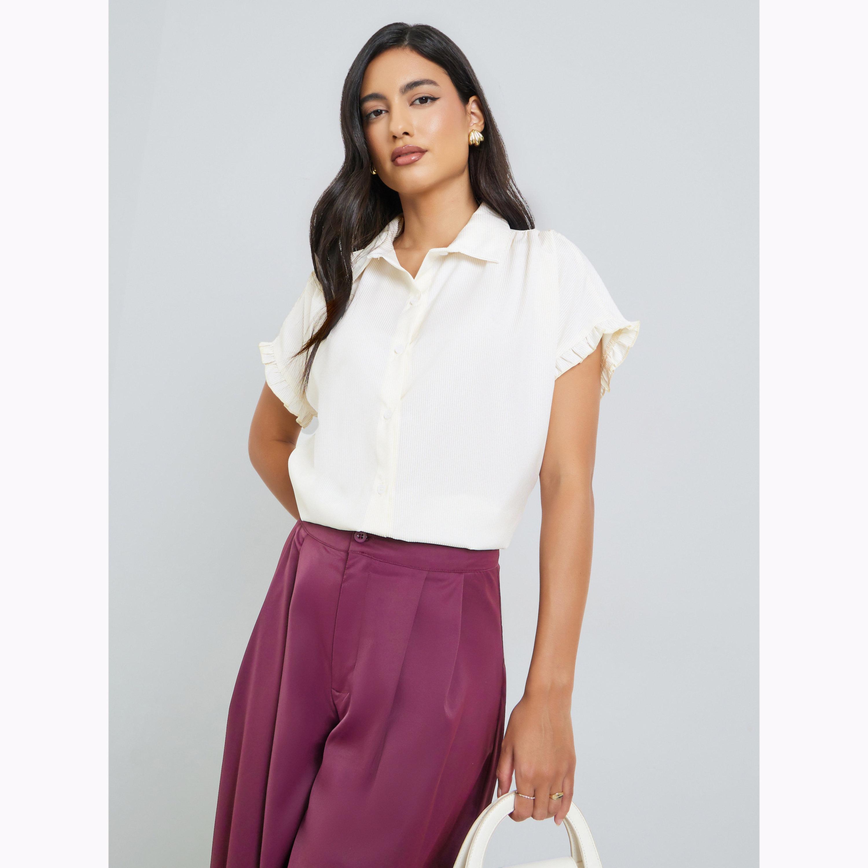 Styli Beige Striped Short Sleeve Shirt-women-clothing-shirtsandblouses-shirts-image-3
