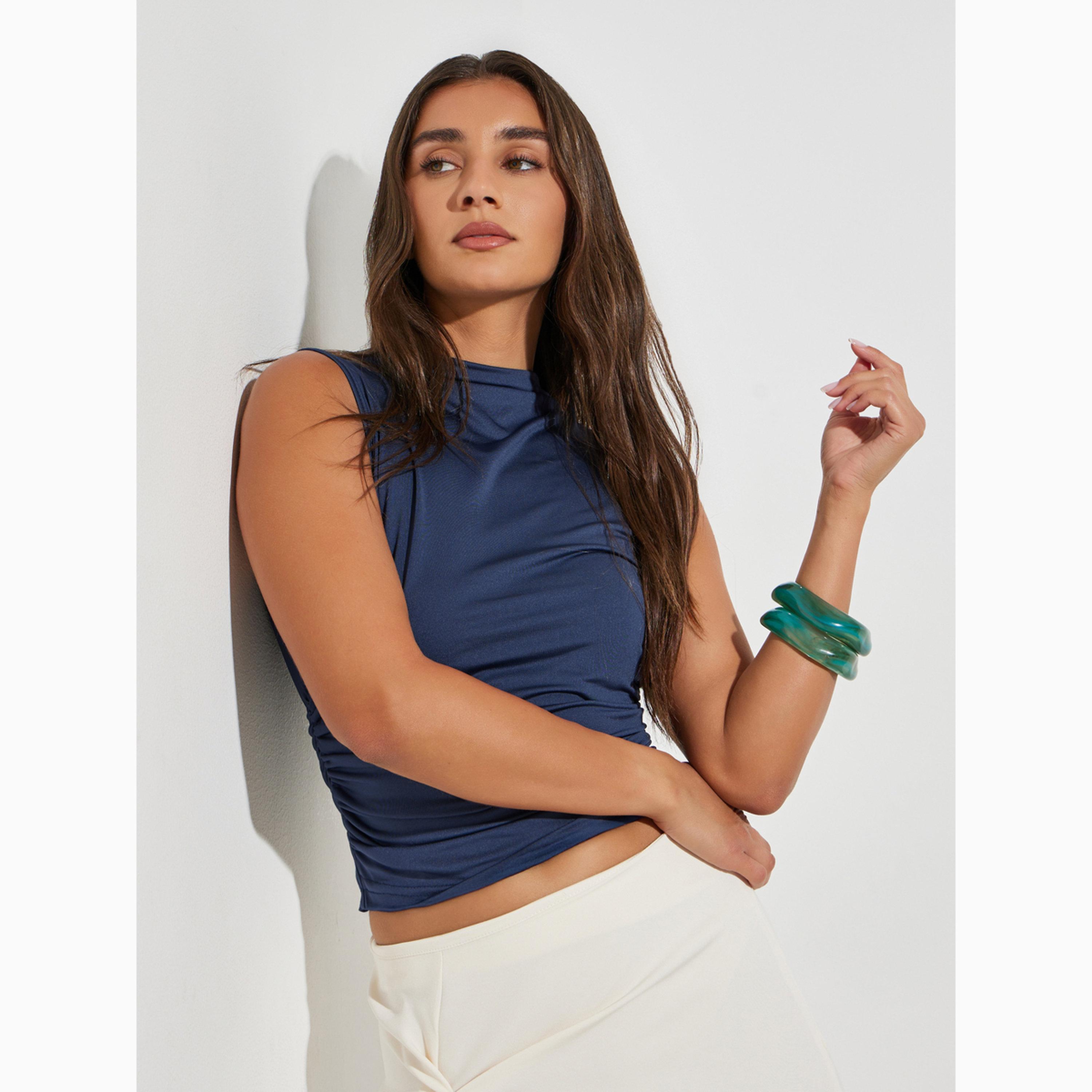 Take Two Navy Blue Solid High Neck Ruched Top-women-clothing-tshirts-image-1