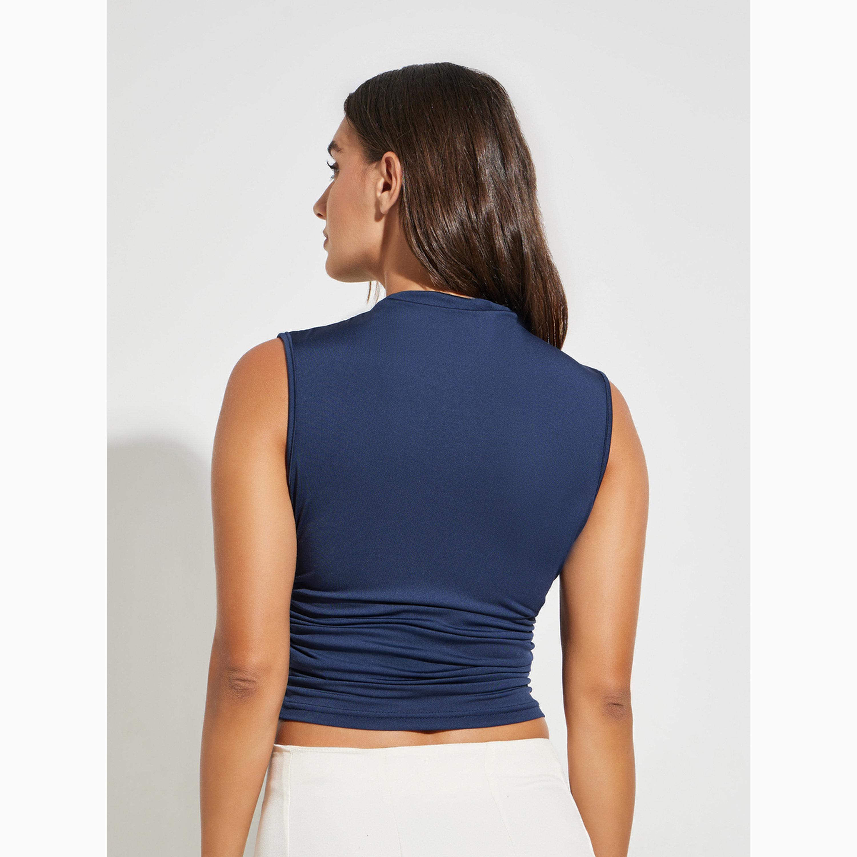 Take Two Navy Blue Solid High Neck Ruched Top-women-clothing-tshirts-image-4