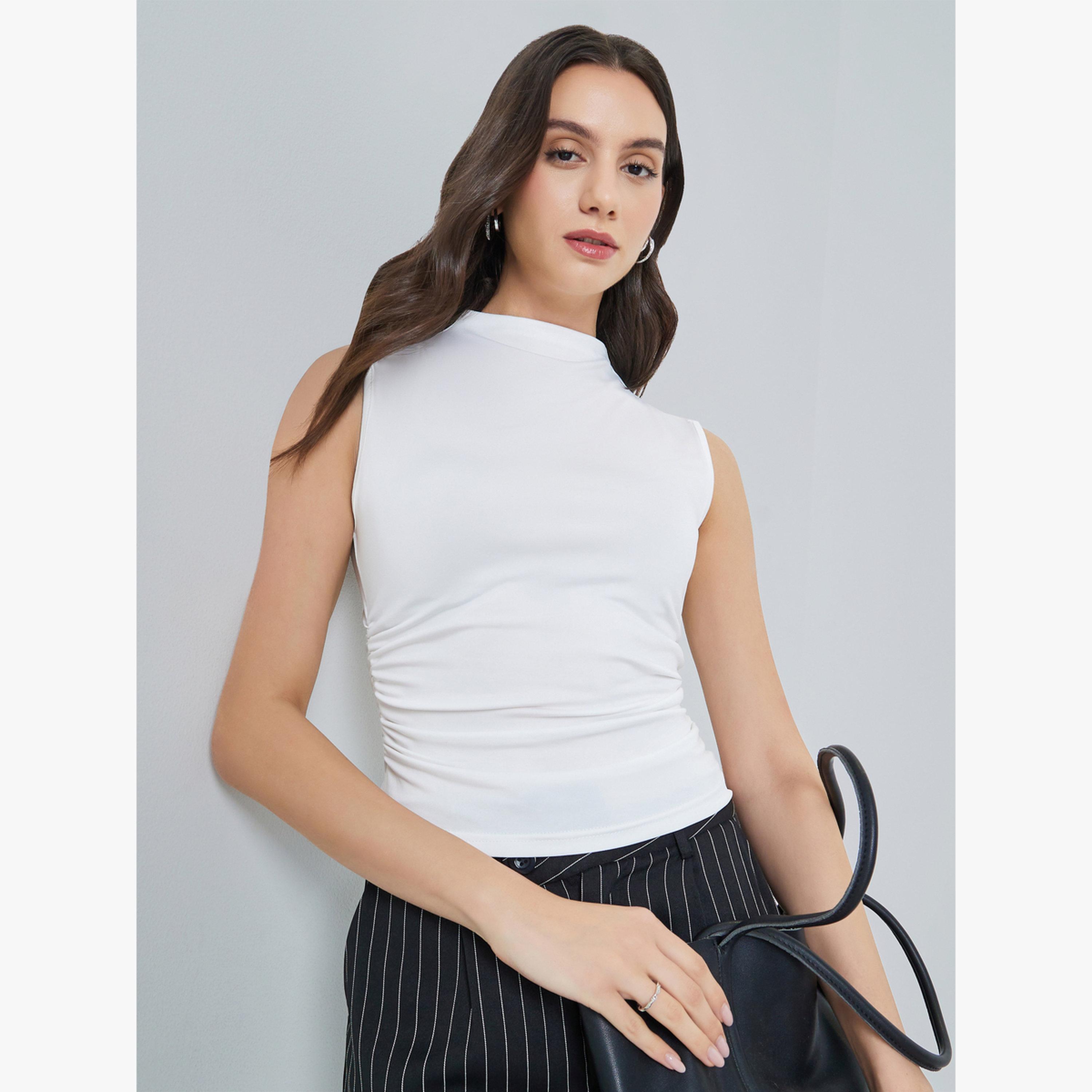 بلوزة بكسرات بياقة عالية وبلا أكمام-women-clothing-shirtsandblouses-blouses-image-1