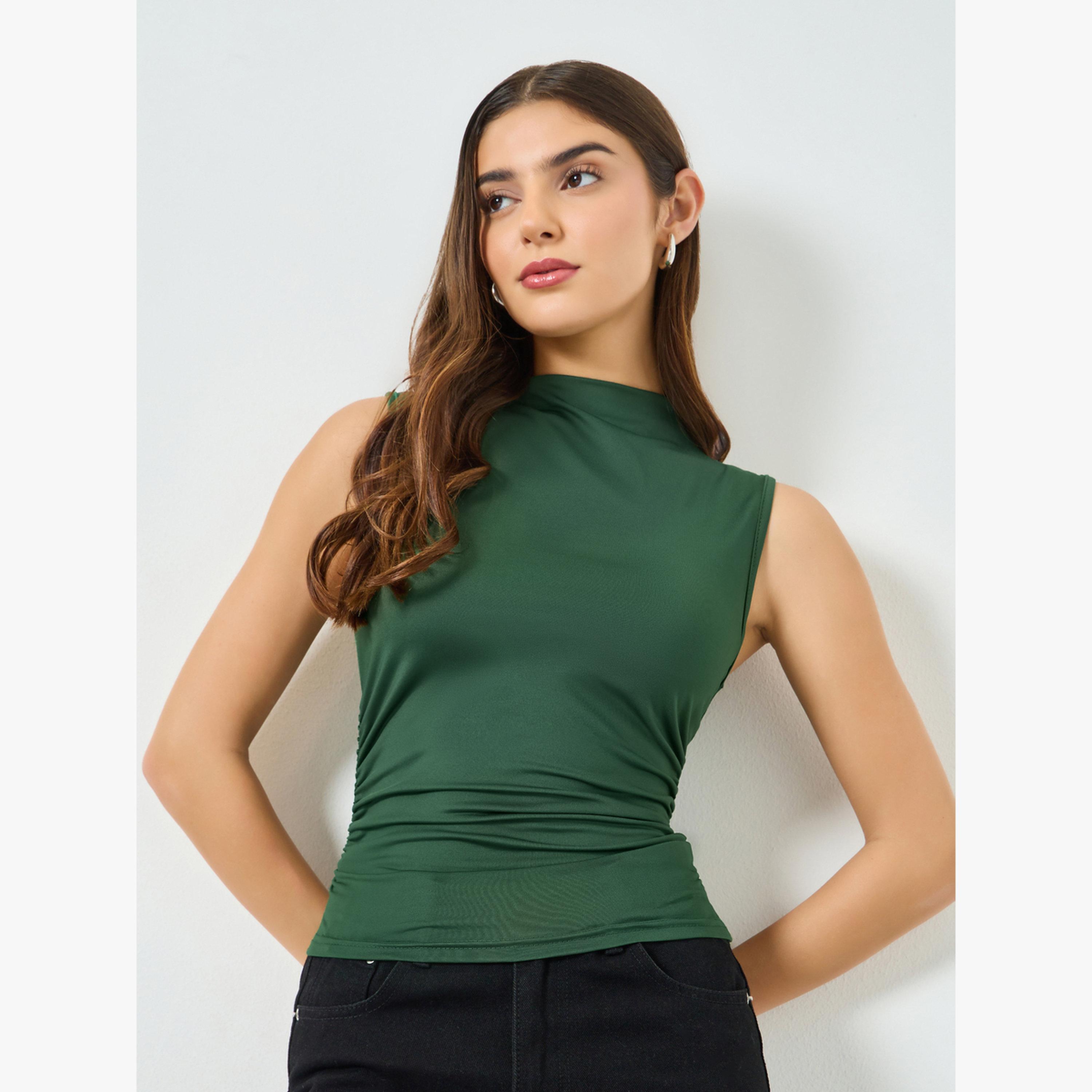 Take Two Green Solid High Neck Ruched Top-women-clothing-shirtsandblouses-blouses-image-1
