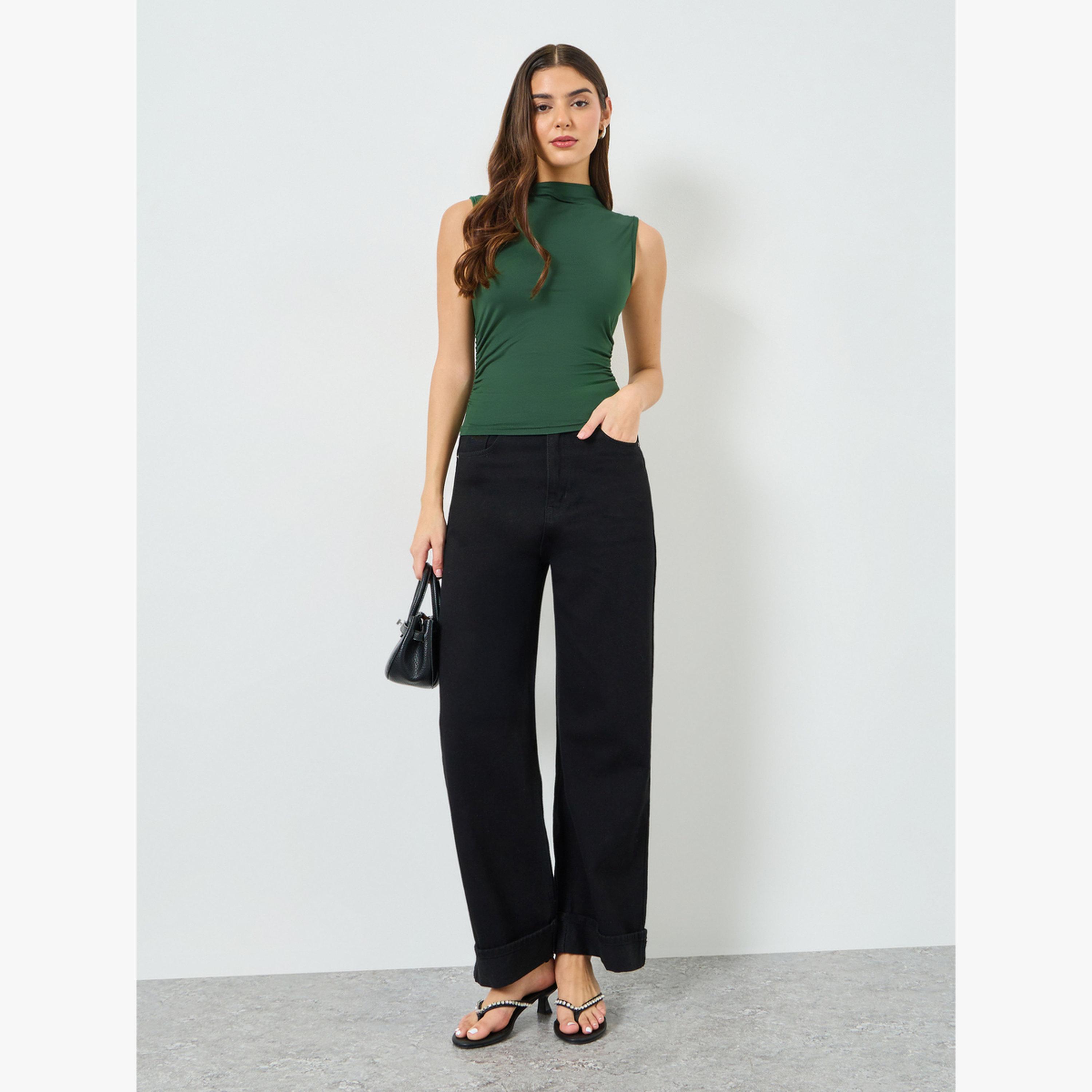 Take Two Green Solid High Neck Ruched Top-women-clothing-shirtsandblouses-blouses-image-2