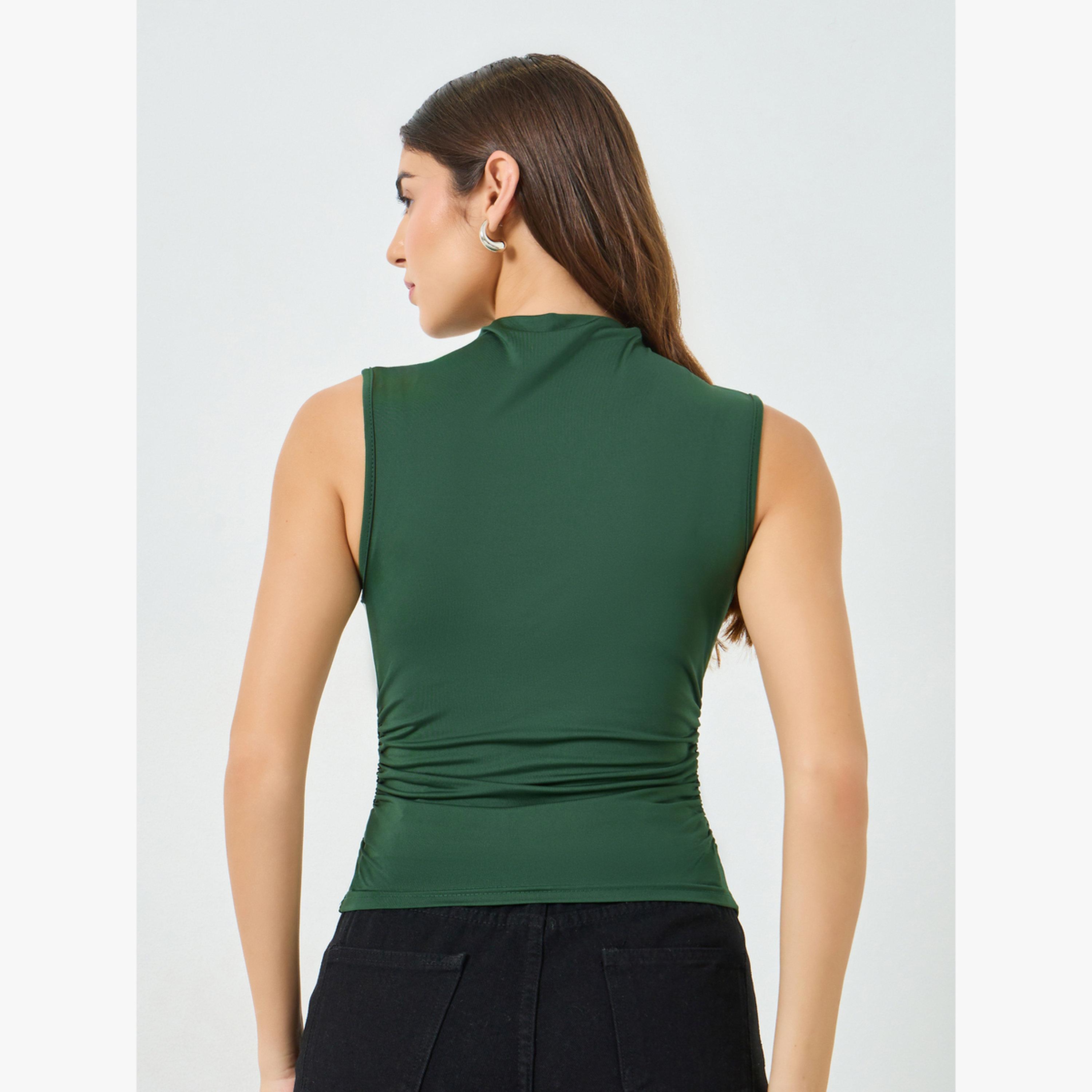 Take Two Green Solid High Neck Ruched Top-women-clothing-shirtsandblouses-blouses-image-3