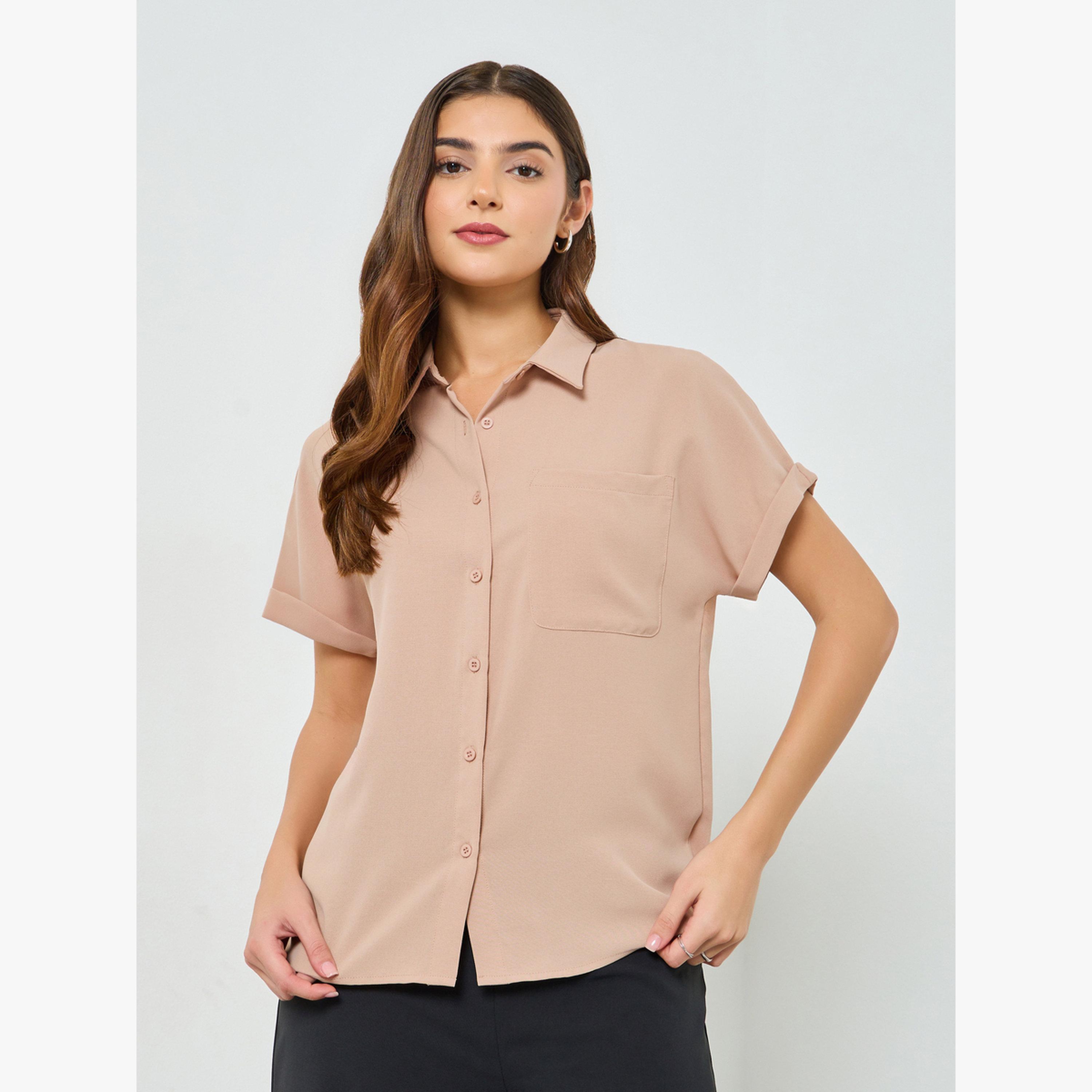 Take Two Beige Solid Short Extended Sleeves Shirt with Pocket-women-clothing-shirtsandblouses-shirts-image-1