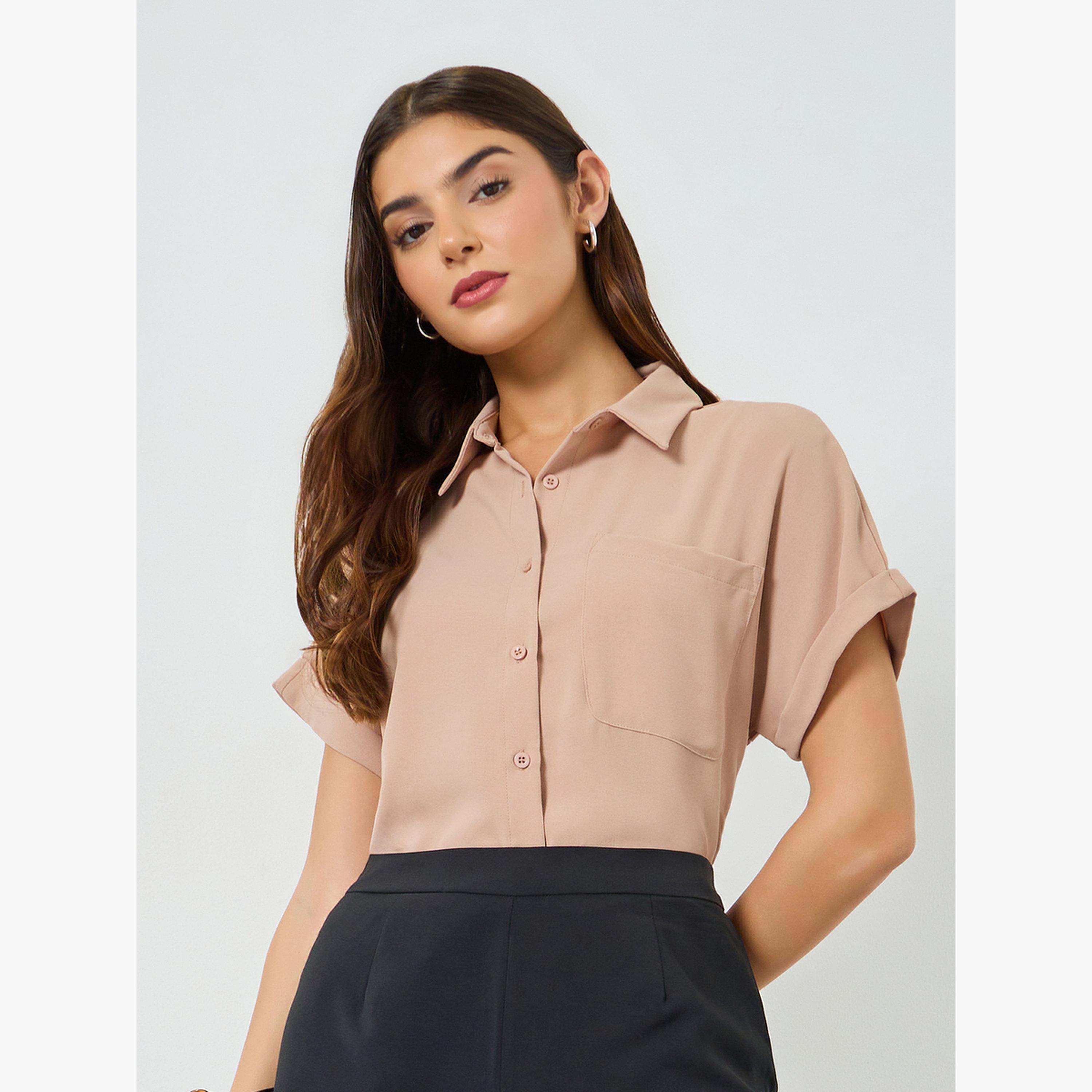 بلوزة سادة بأكمام قصيرة ممتدة وجيب-women-clothing-shirtsandblouses-shirts-image-3